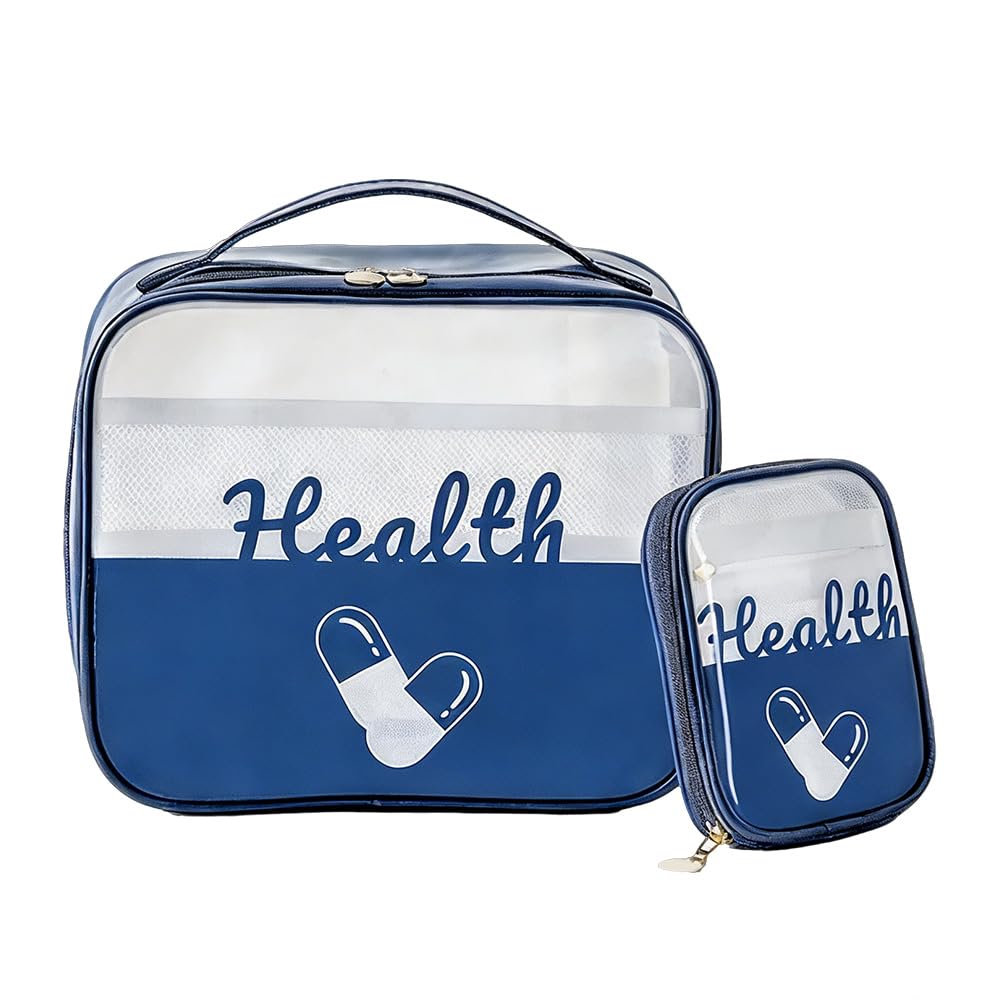 XINGSUI 1 Pcs First Aid Bag Empty, Portable Travel First Aid Kit, Drug Pack Storage Bag Empty, for Home, Office, Vehicle, Camping, Workplace & Outdoor (Navy Blue Transparent, 2 Sizes)
