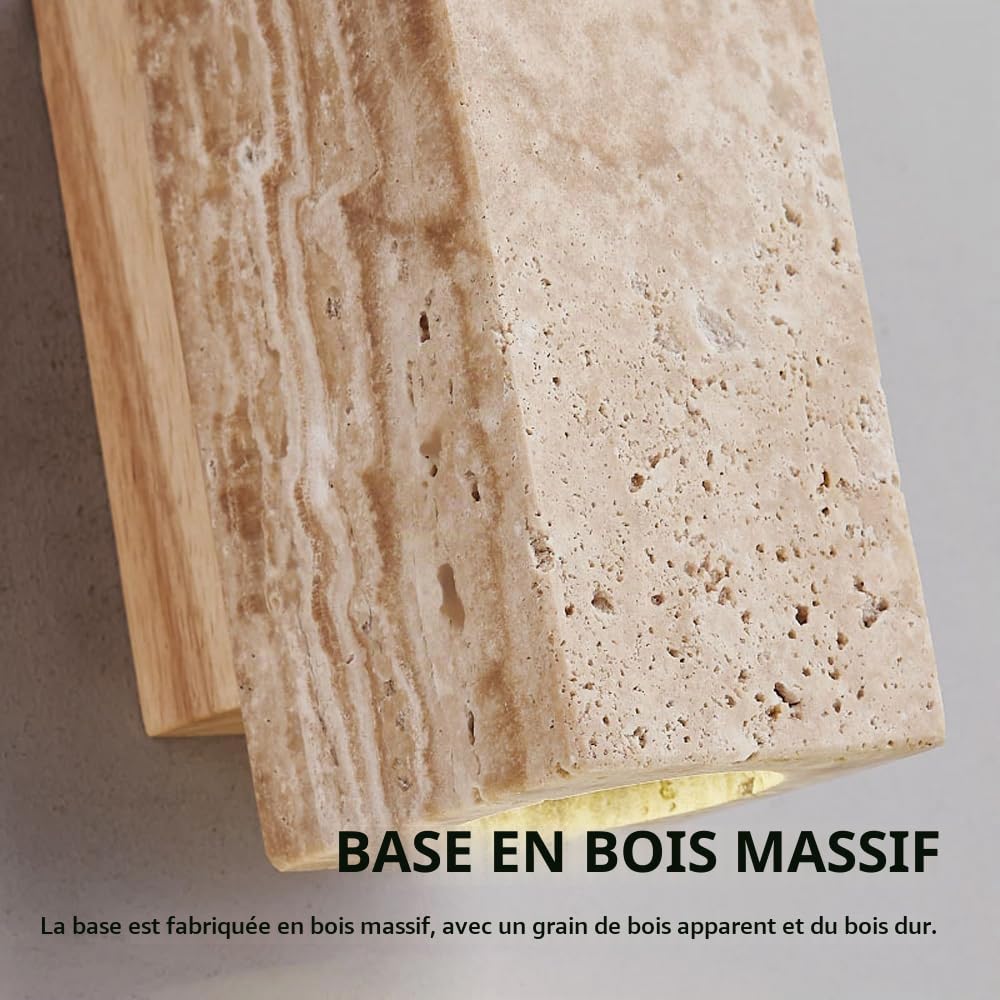 Applique carrée en pierre de travertin jaune E27/E26, luminaires muraux de style Wabi Sabi pour salon, lampe murale à base de grain de bois transparent pour espaces de vie, chambres à coucher,