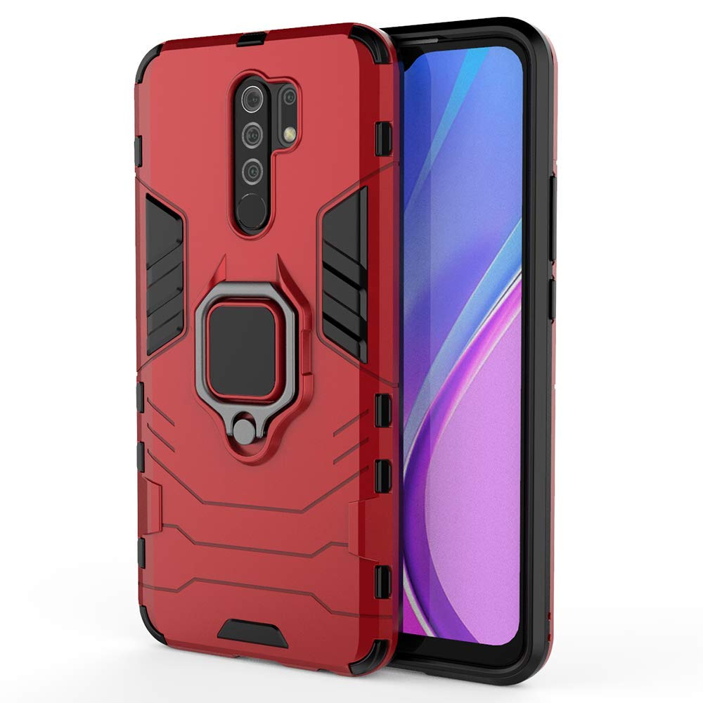 TANYO Case for Xiaomi Redmi 9, TPU/PC Shockproof Phone Cover with 360° Kickstand, Armor Bumper Protective Shell Red