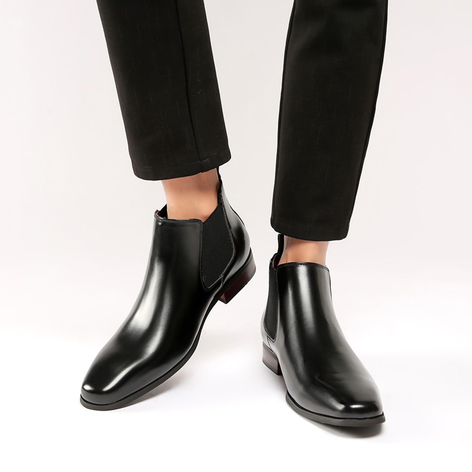 Męskie buty Chelsea Business Dress wsuwane kostki polerowana skóra niski obcas kwadratowy nosek buty, Czarny, 40 EU