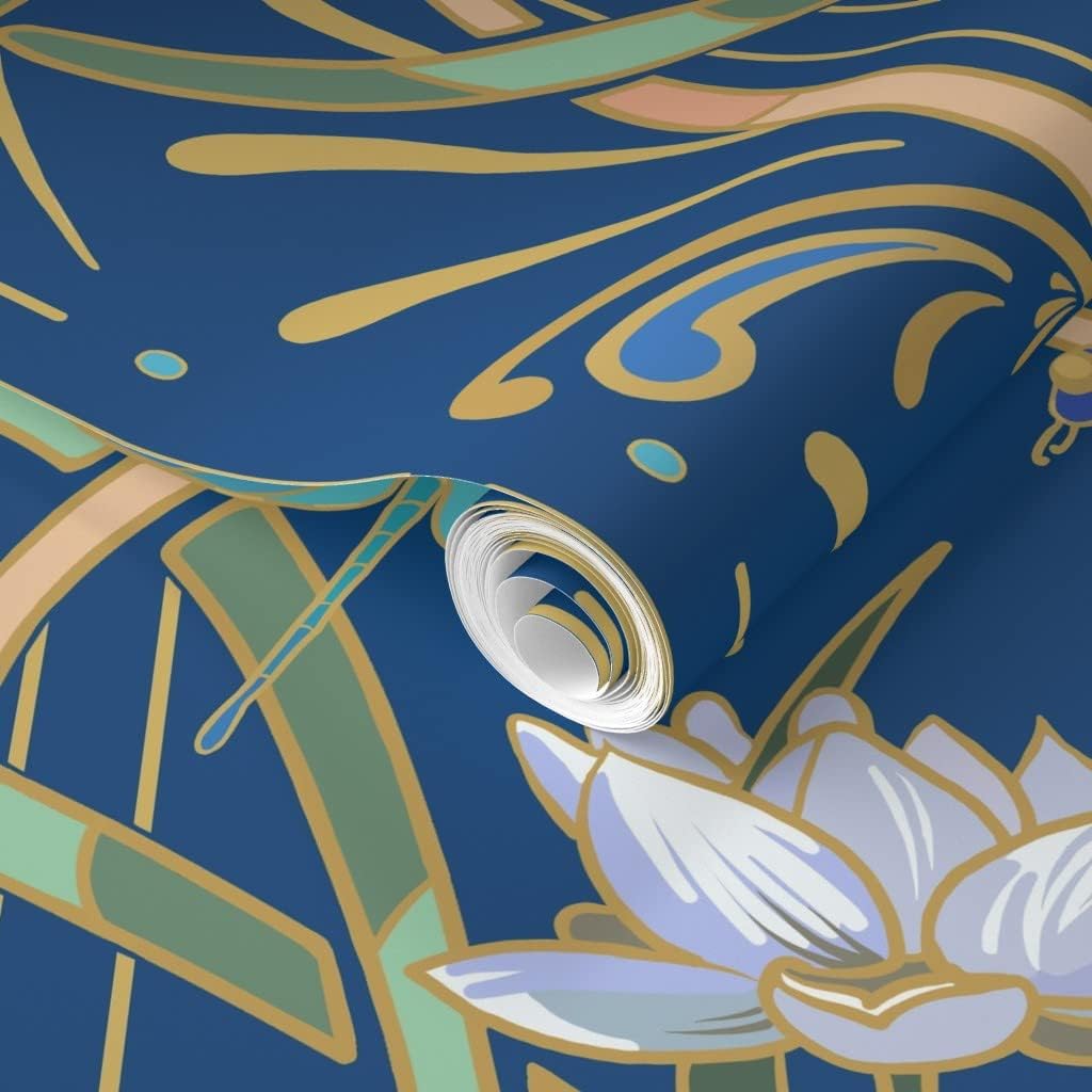 Spoonflower Removable Wallpaper 3ft x 2ft - Art Nouveau Dragonflies Classic Blue Classy Deco Custom Pre-Pasted Wallpaper