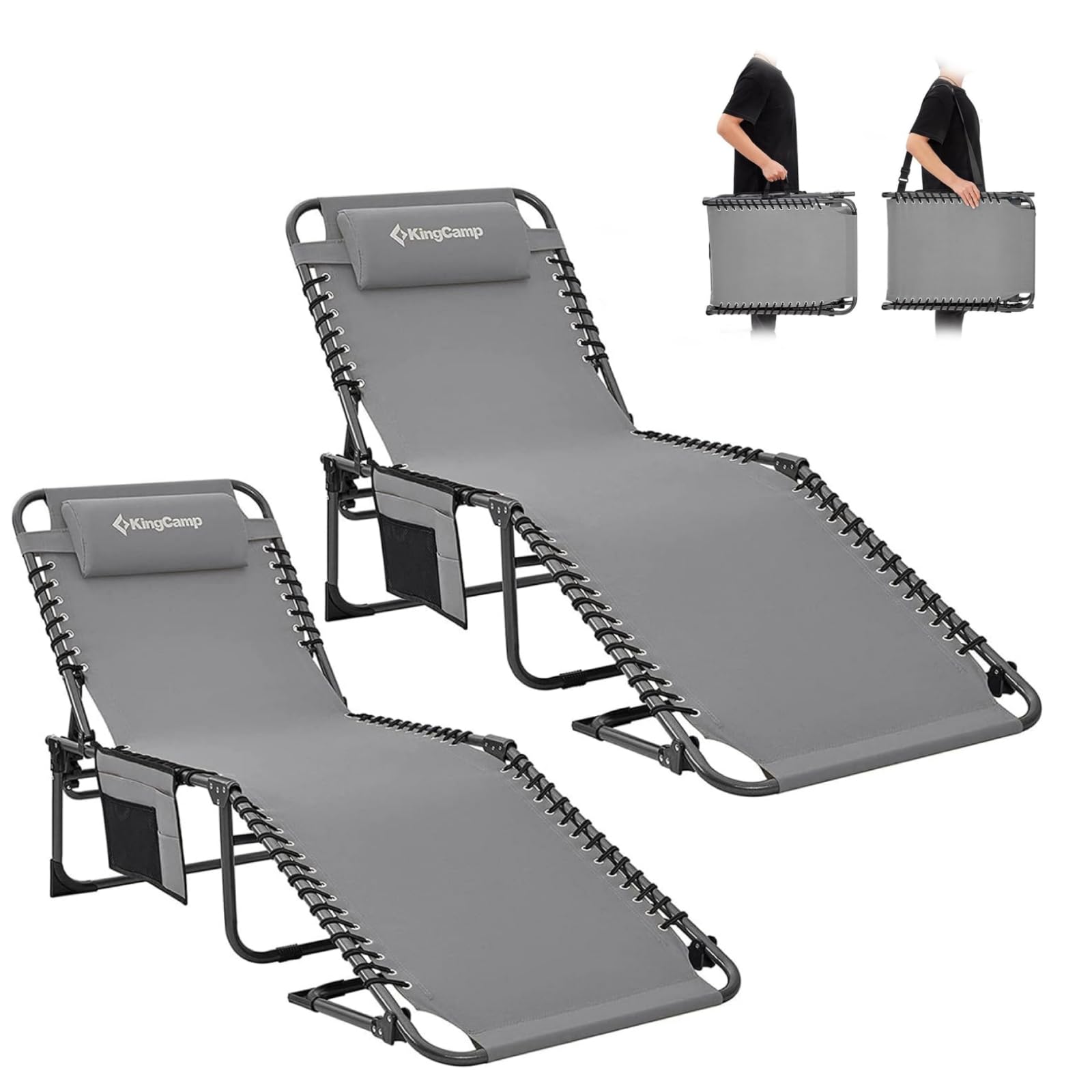 KingCamp Sonnenliege Klappbar 5-Verstellbarer Rückenlehne, Gartenliege klappbar Liegestuhl Strandliege Campingliege Klappbett mit Kopfkissen für Strand Garten Terrasse Pool Camping Outdoor Indoor