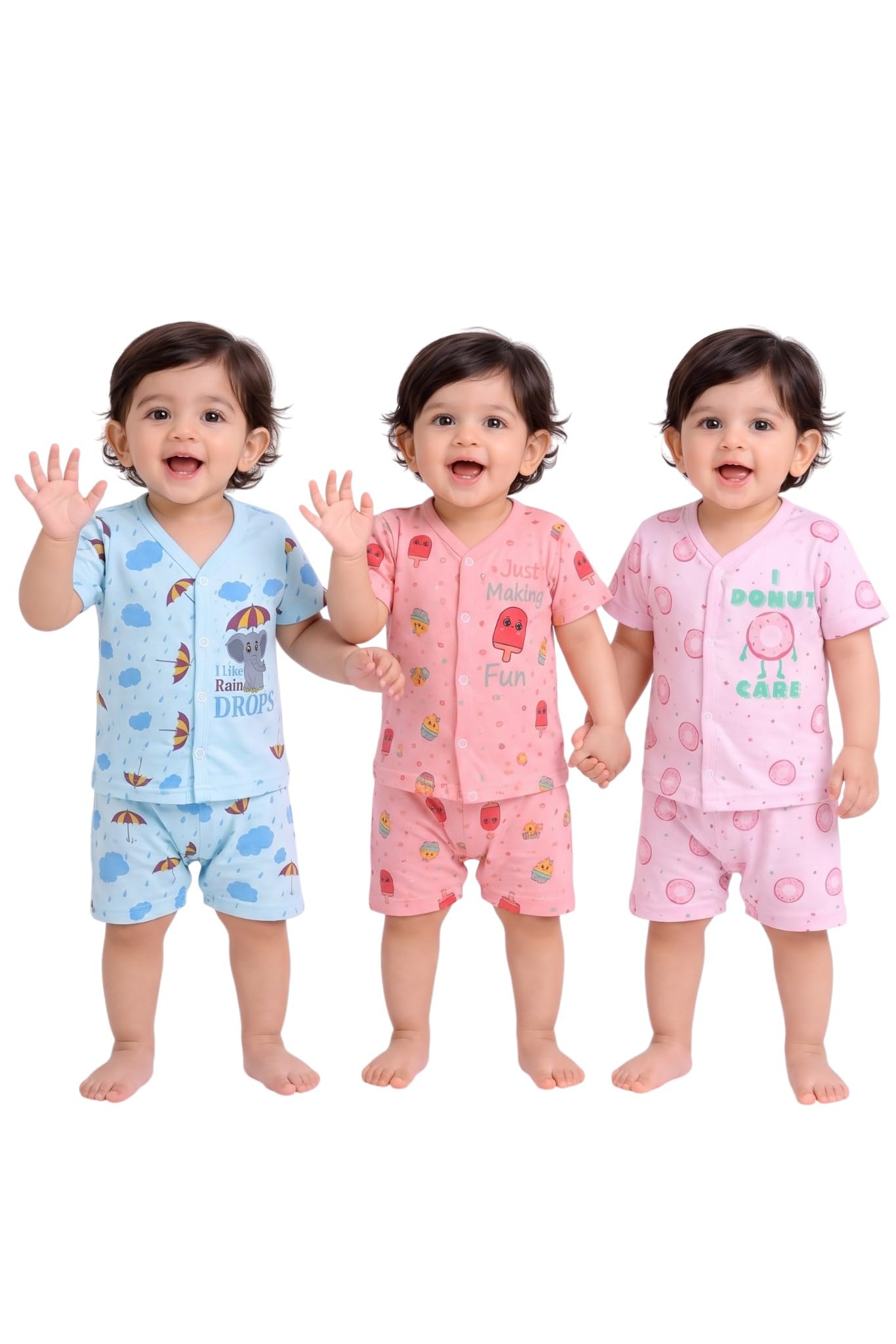 Baby Boys & Girls Regular Fit 100% Cotton Half Sleeve Jhabla & Shorts Set Pack of 3-image-41