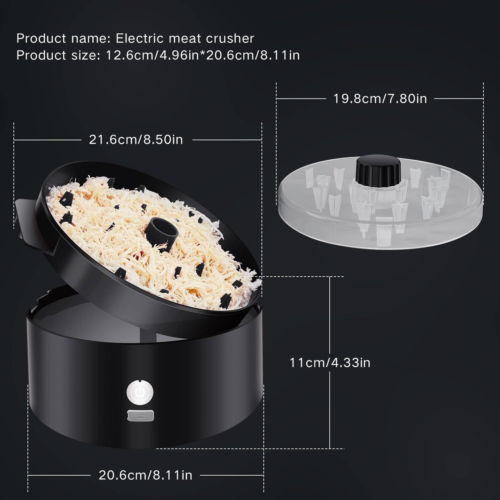Fitdays Trituratore elettrico automatico per polli, ricarica rapida di tipo C e durata di 60 minuti, camera di triturazione visibile da 20 cm, con spazzola/forchetta, senza BPA, lavabile in