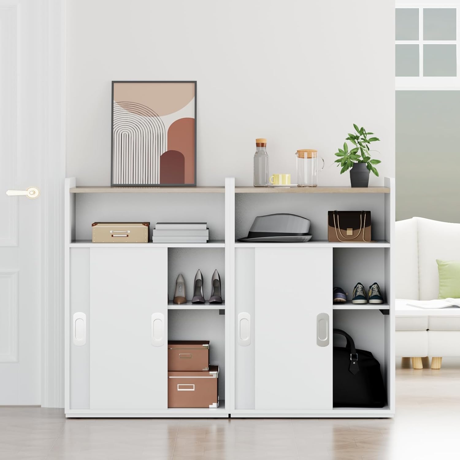 Adjustable Storage Cabinet with Sliding Doors, Multi-Functional Organizer with 2-Tier Shelves, Height-Adjustable Design, Compact Cabinet for Small Spaces, Bedroom, Living Room, or Office (White)