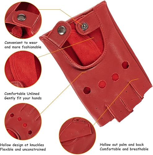 Miniatura 2 de MGGMOKAY Guantes de conducción de cuero sin dedos para mujer, suave piel de oveja, medio dedo, guantes de ciclismo sin forro