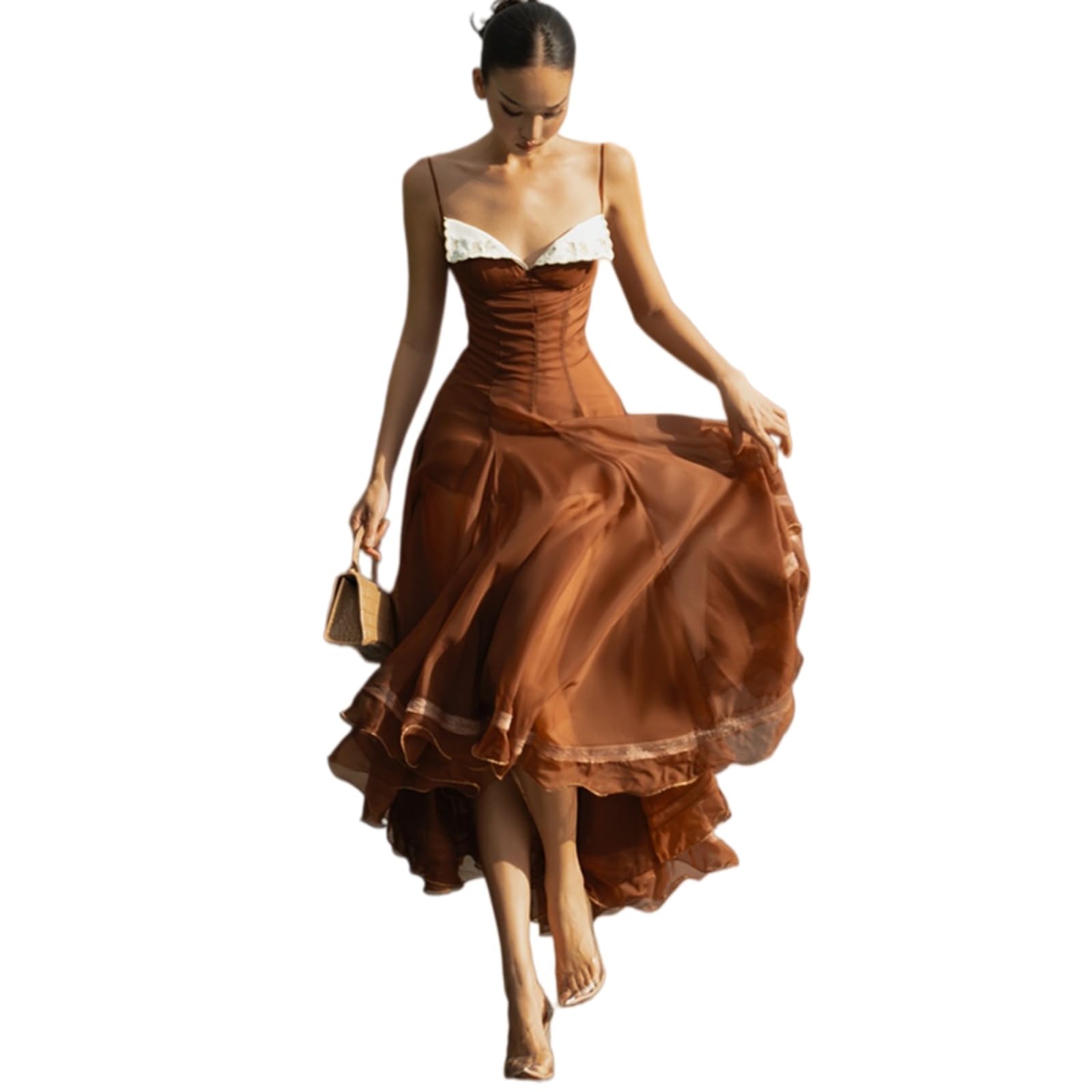 Vestito Elegante Donne Spaghetti Cinturina Pizzo Trim Chiffon Midi Abito Senza Maniche Vita Cinched Flared Estate Formale Chic-Pink-s