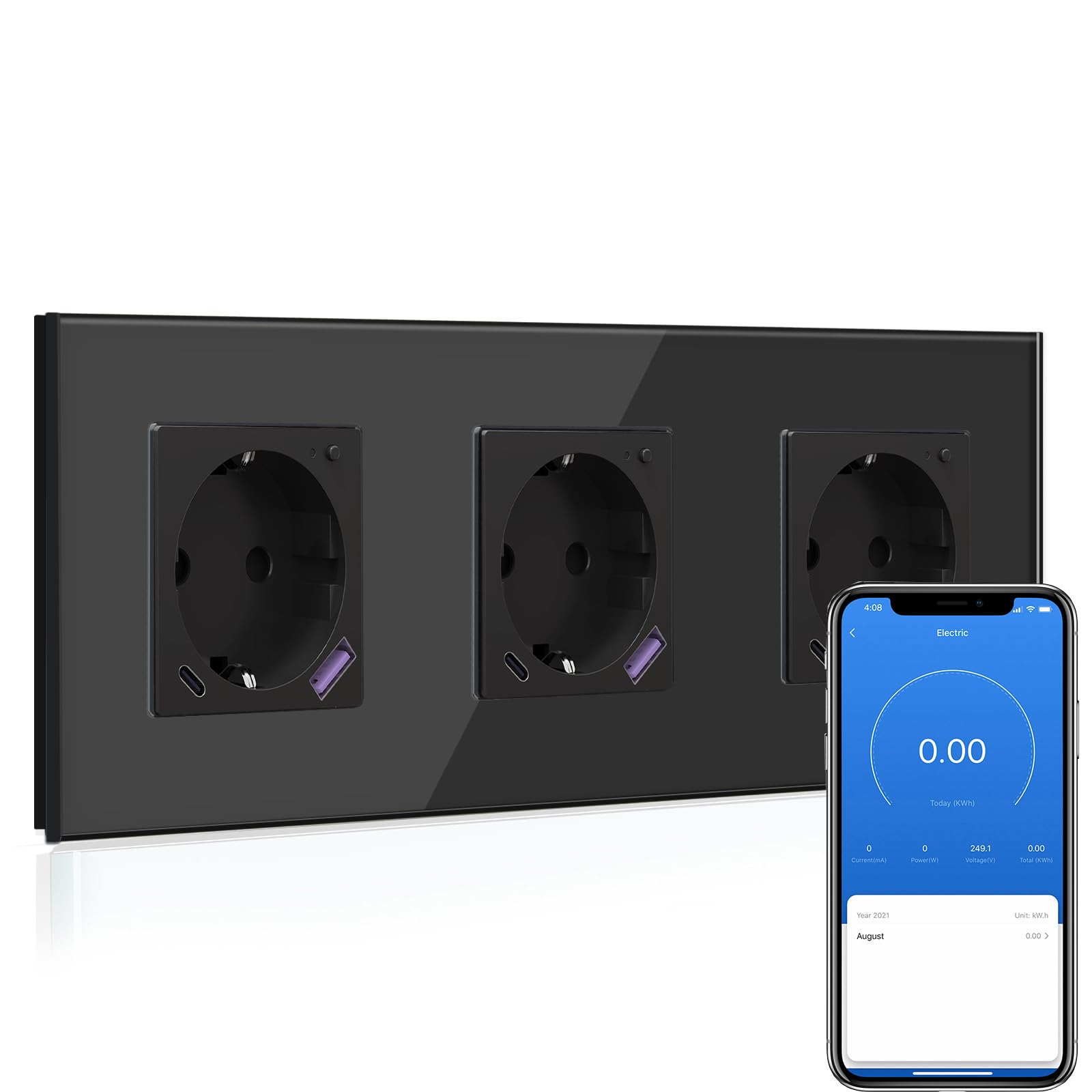 BSEED 16A Wifi Smart Steckdose Work mit Alexa Tuya und Google Home 1/2/3 Fach Steckdose Schwarz/Weiß/Gold 86mm WLAN Smarter Schuko Glas EU Standard