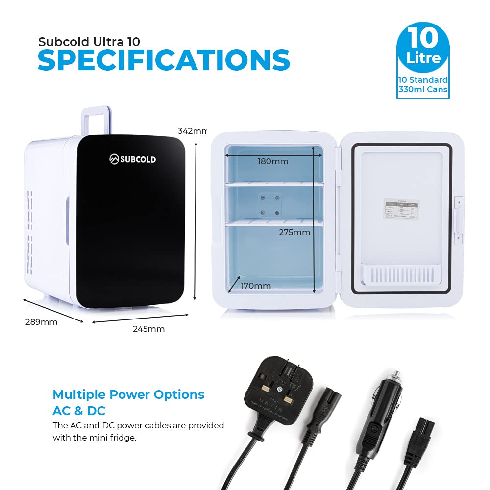 Subcold Ultra 10 Mini Fridge Cooler Warmer 3rd Gen 10L capacity  Compact, Portable and Quiet AC+DC Power Compatibility (Black New) [Energy