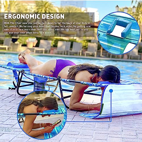 Flip Face Down Tanning Chaise Lounge Chair - Face & Arm Holes - 2 Legs Support - Polyester Material – Backrest Positions - Head Rest Pillow - Beach Or Home Use - Patents Pending - Blue Stripes Pattern #TOP4