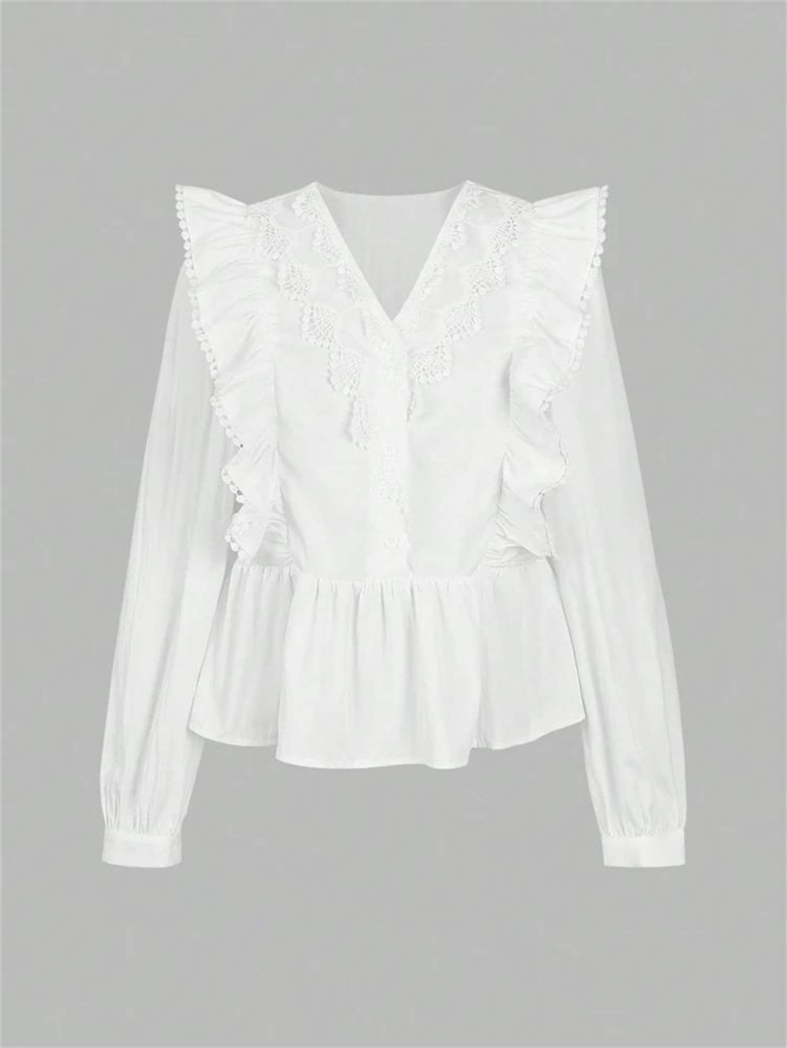 Genérico Blusa de Gasa con Cuello en V y Volantes de Manga Larga con Encaje y Patchwork para Mujer, Elegante Blusa de Oficina (Color Burdeos Mediano)