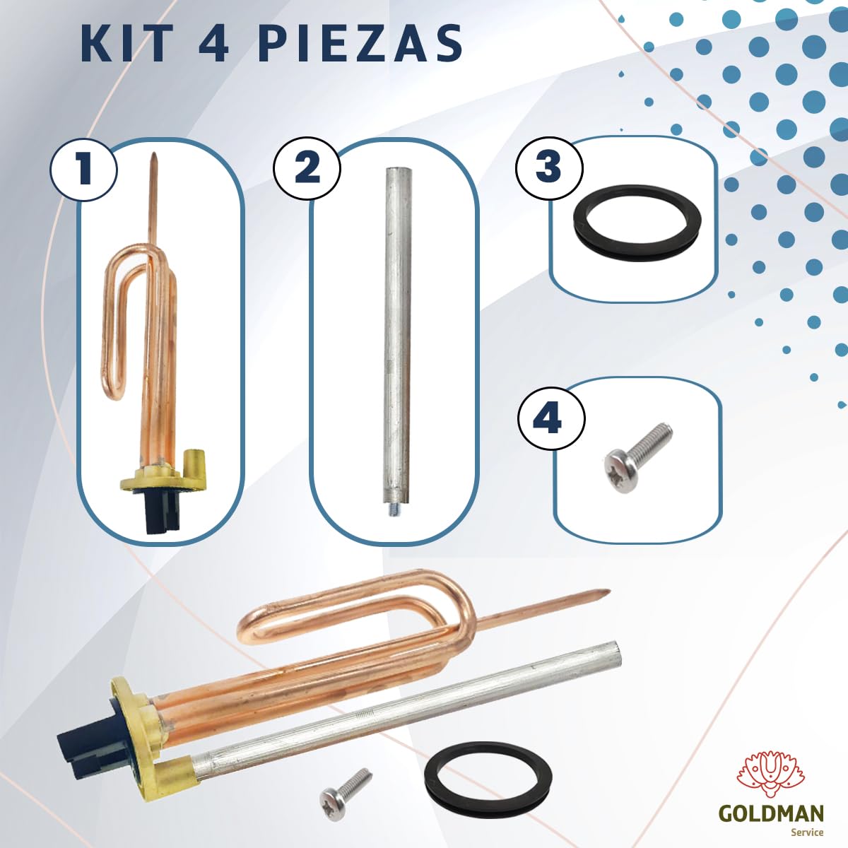 GOLDMAN SERVICE Kit de Recambio Calentador de Agua Eléctrico: Resistencia Curva, Ánodo de Magnesio, Junta de Goma y Tornillo de Fijación. Compatible con Termos Eléctricos de Grandes Marcas (2000 W)