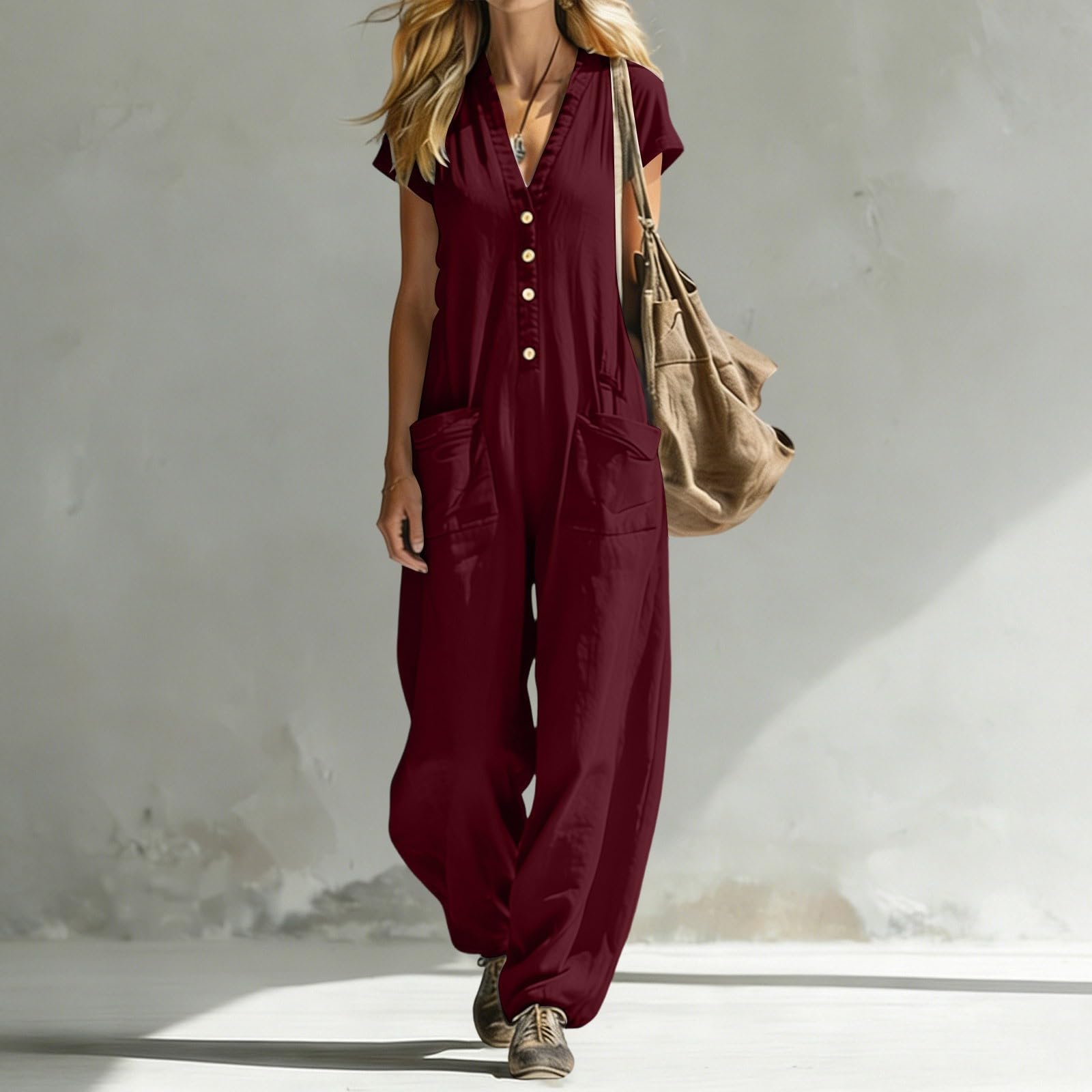 Generisch Mono para mujer de pierna ancha, sin mangas, cuello en V, una pieza, holgado, informal, suelto, con bolsillo, traje de lino de color liso