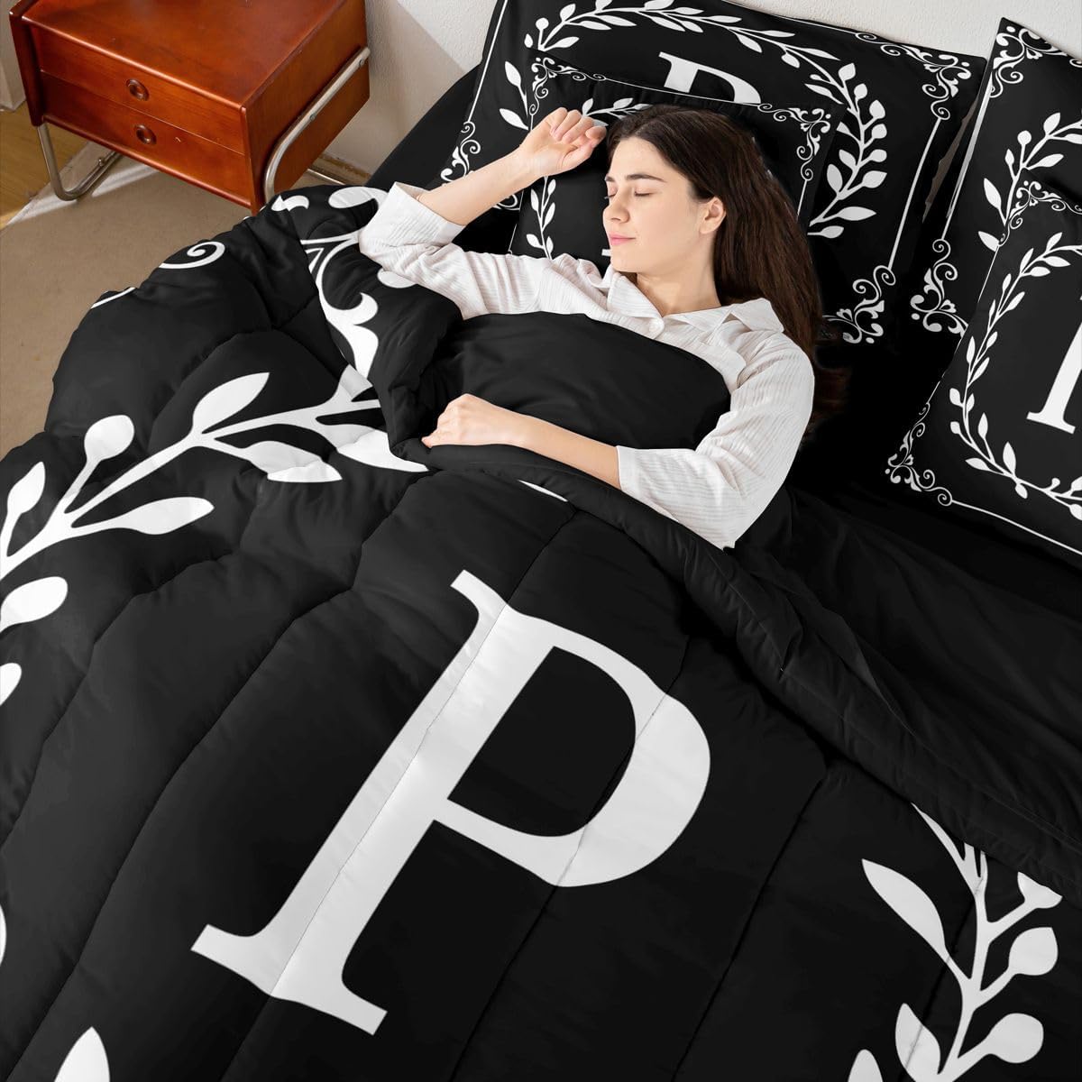 Initial Letter P Queen Comforter Set With Sheets Black White 7 Piece Bedding Set Boho Floral Leaves Bed In A Bag Personalized Gifts For Adult Women /Men /Teen Girls/ Frends Botanical Branches Bed Set