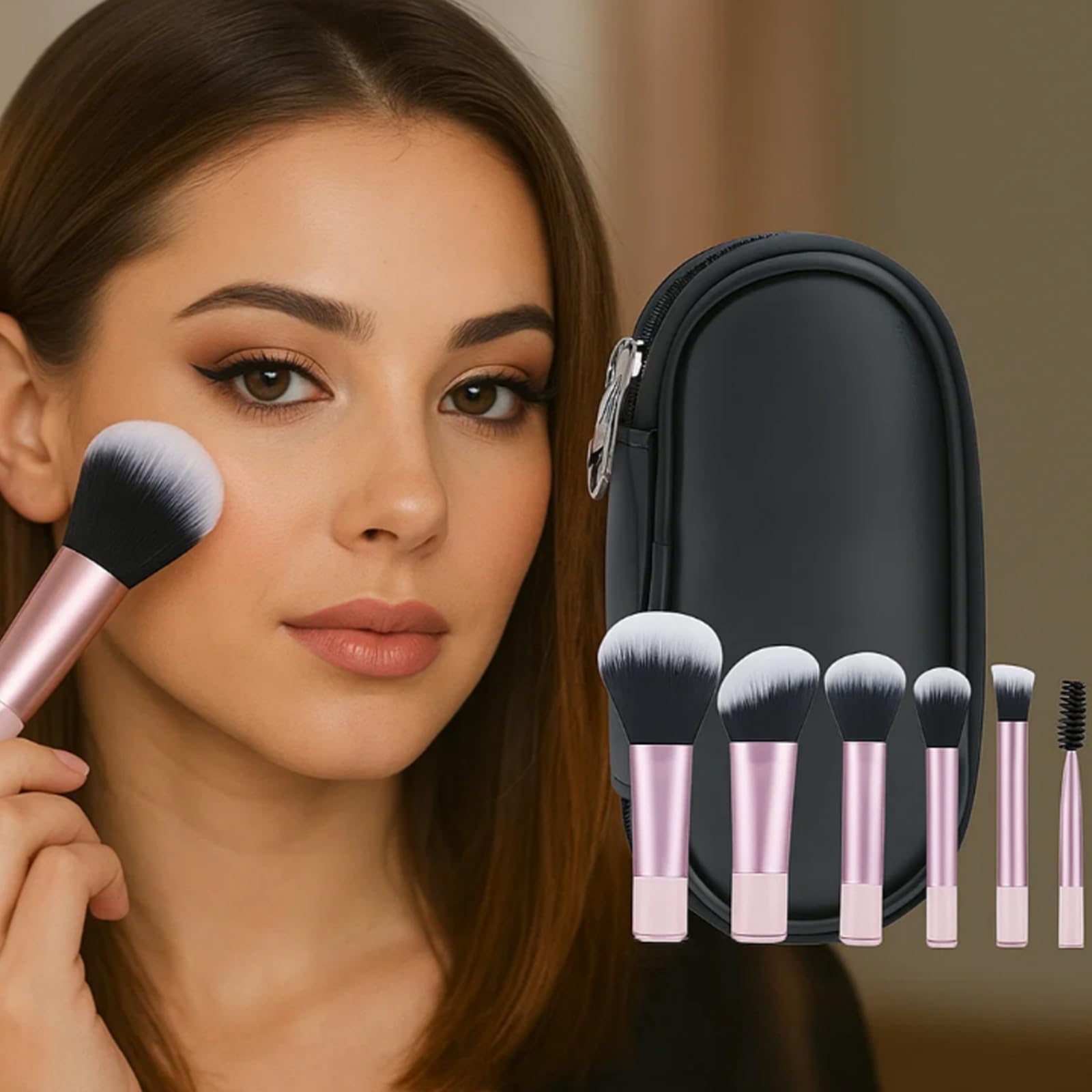 10-Piece Pink Makeup Brush Set including Black Travel Case - Image 2