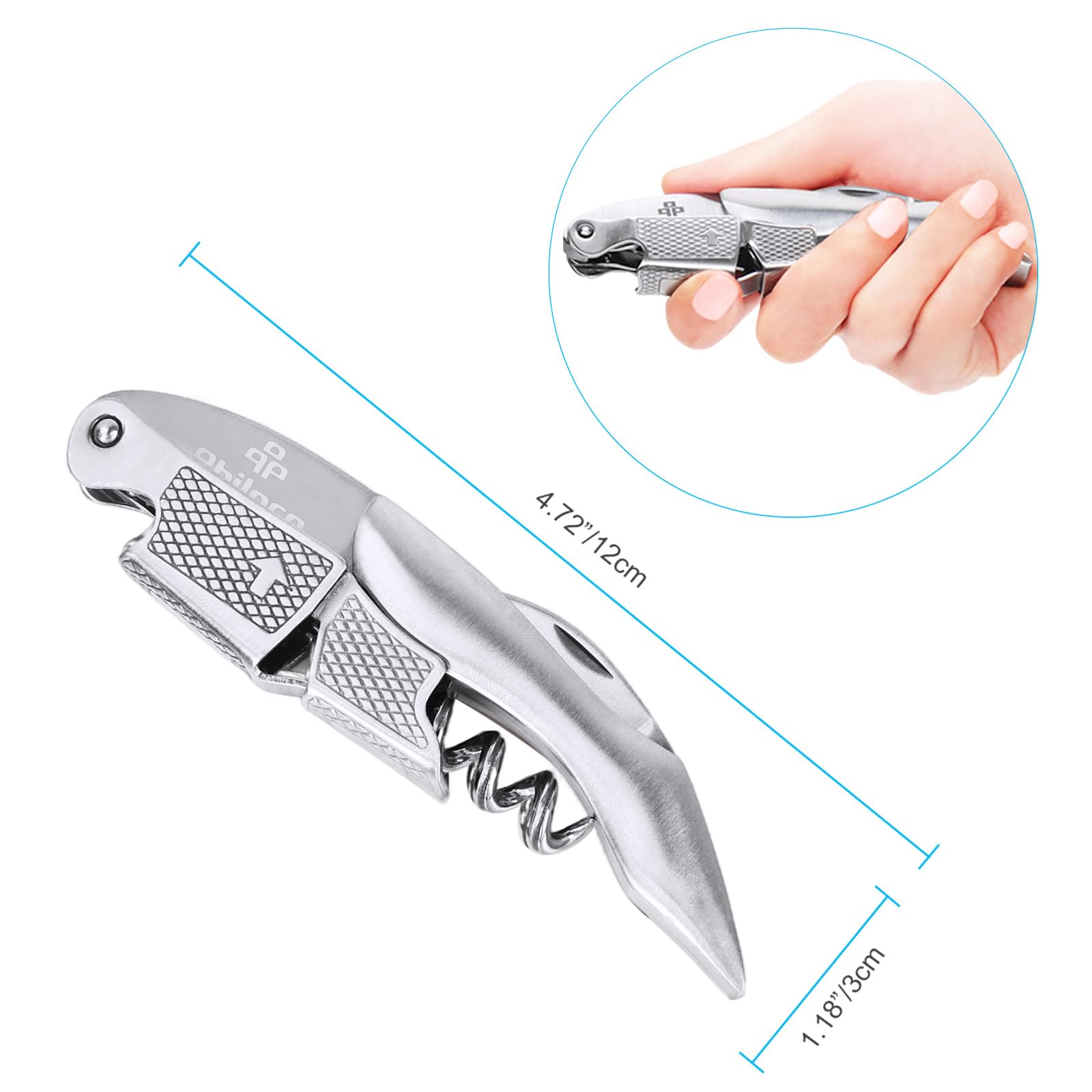 Philorn Waiters Friend Corkscrew 3-in-1 Wine Opener with Foil Cutter and Cap Remover Professional Stainless Steel Cap Remover for Sommeliers Waiters and Bartenders (Stanless Steel Handles) - Image 2