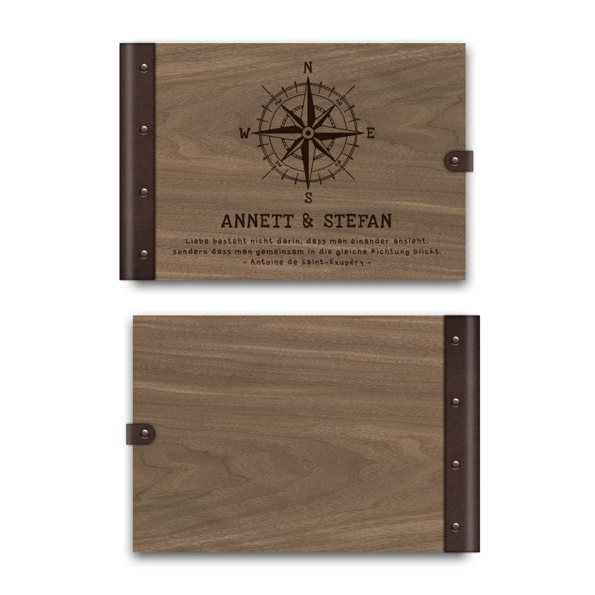 Personalisiertes Hochzeit Gästebuch echtes Holz DIN A4 Hochzeitsbuch mit Lasergravur - Kompass - mit 72 Blatt / 144 Seiten Naturpapier Weiß