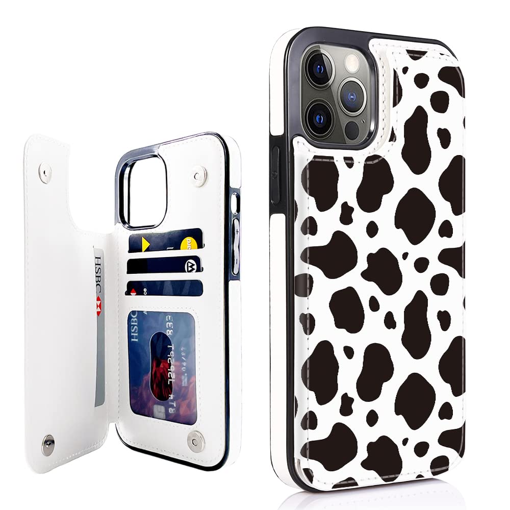 Obbii Leather Flip Case Wallet Compatible with iPhone 12 Pro Max 6.7" Card Holder Slim Cow Print Sleeve Wallet with Card Slots Shockproof Protective Shell Case for iPhone 12 Pro Max 6.7“