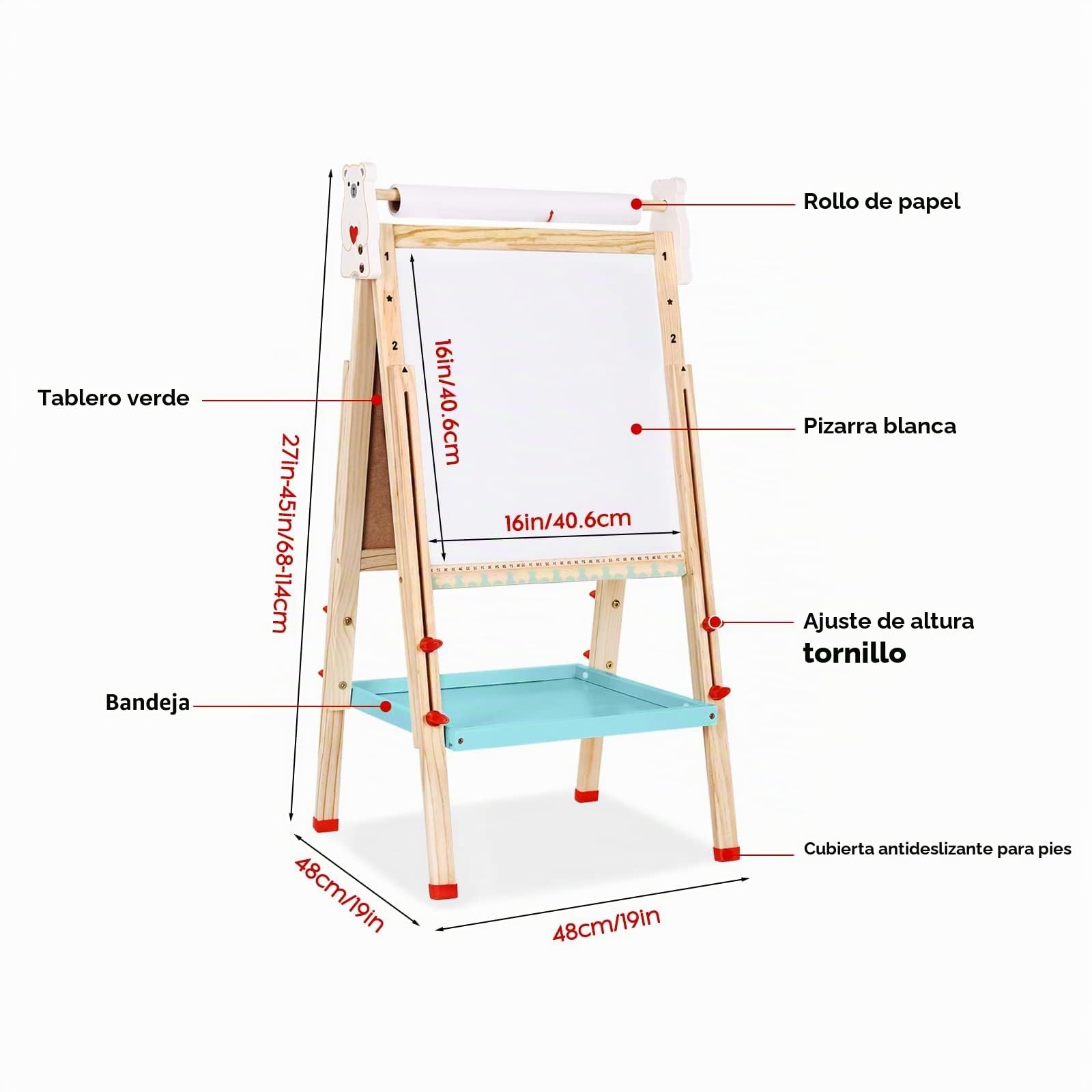 Caballete para Niños 3 en 1 Caballete Infantil de Doble Cara Caballete de Arte con Rollo de Papel Pizarras y de Almacenamiento Pizarras de pie para niños,+3 años