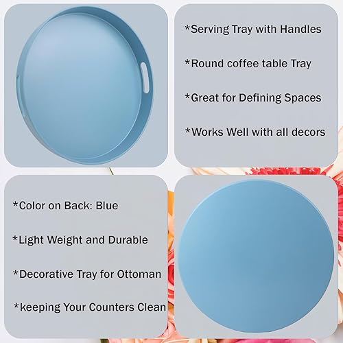 Miniatura 3 de SforGUVA Bandeja decorativa redonda azul con asas, bandeja otomana versátil de 13 pulgadas para mesa de café, entretenimiento, patio al aire libre,
