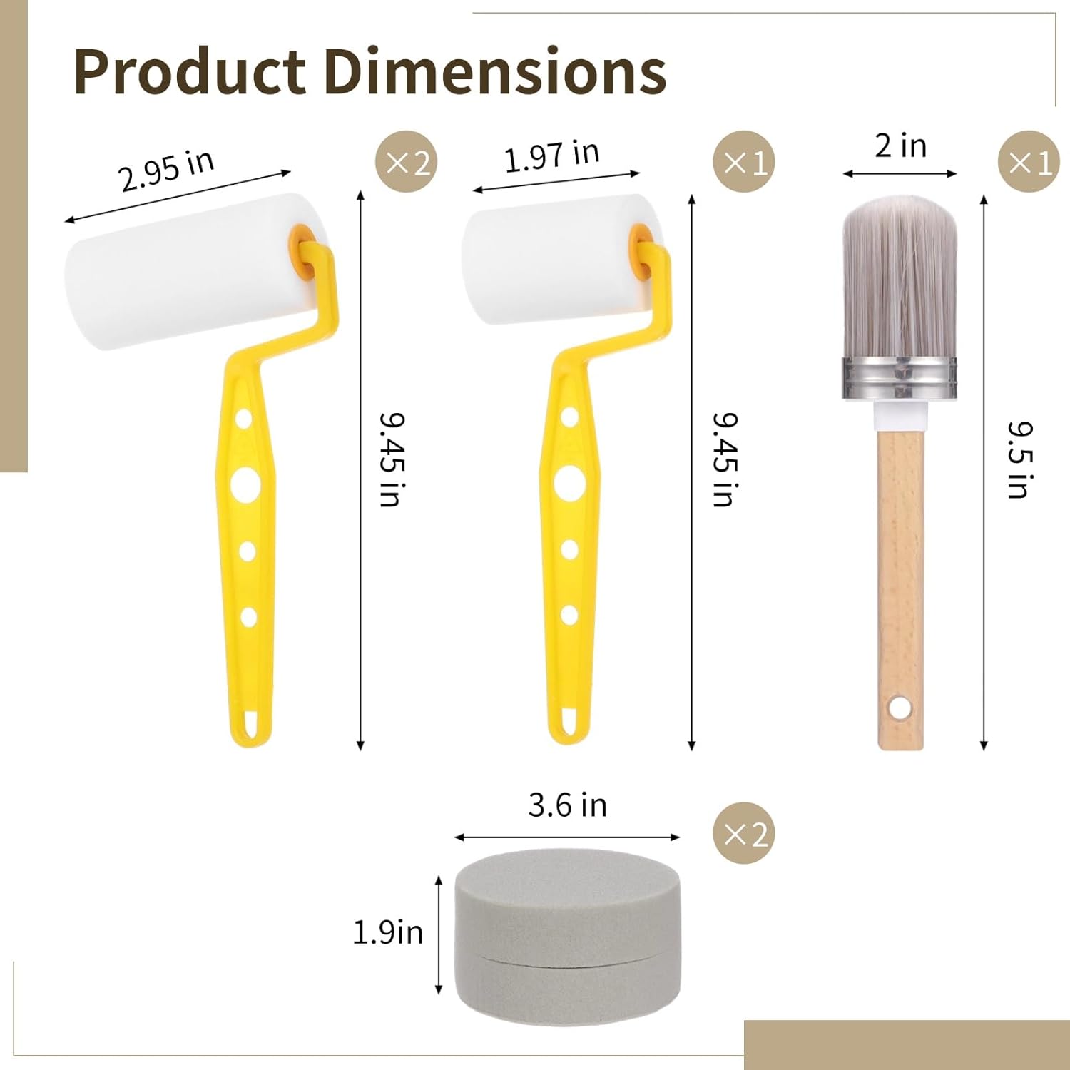 6PCS Paint Brush and Roller Set, Includes 3 Oil-Based Sponge Rollers, a 1 Cleaning Brush and 2 Round Sponges, for Painting, Staining, Varnishing, and Touch-Ups