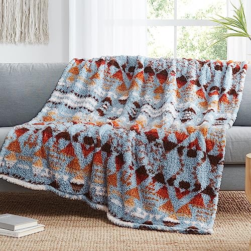 CASAAGUSTO Boho Sherpa Blanket,Teal Aztec Twin Blanket, Ultra Soft, Warm, Cozy, Plush, Thick Fleece Western Blanket for Couch, Bed, Sofa (Blue Grey 60 * 80 Inch)