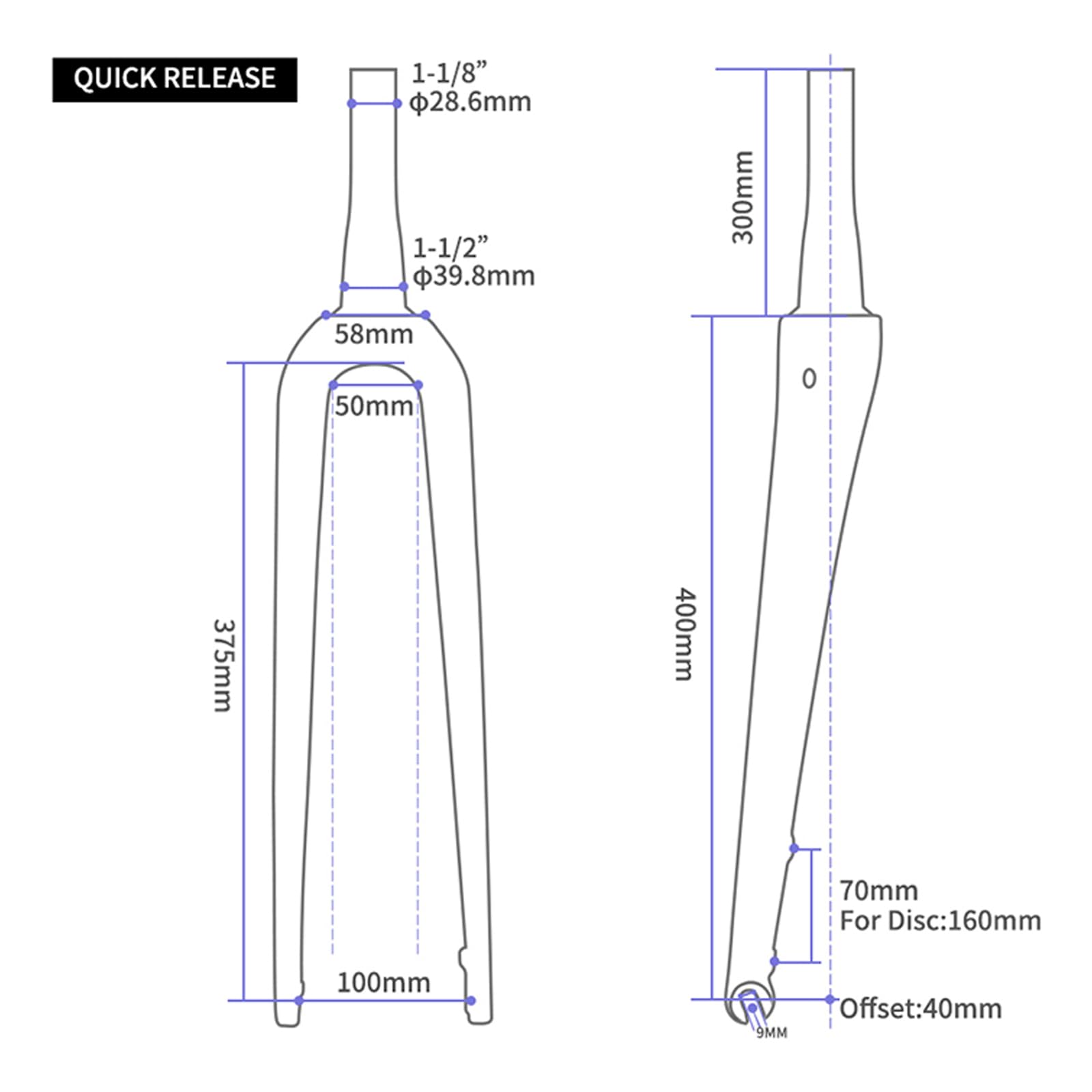 BUCKLOS Gravel 700C Kohlefaser Rennrad starre Gabel, QR 9 mm/100 x 12 mm Steckachse, 1-1/8 gewindeloses konisches Rohr, superleichte Fahrrad-Frontgabeln