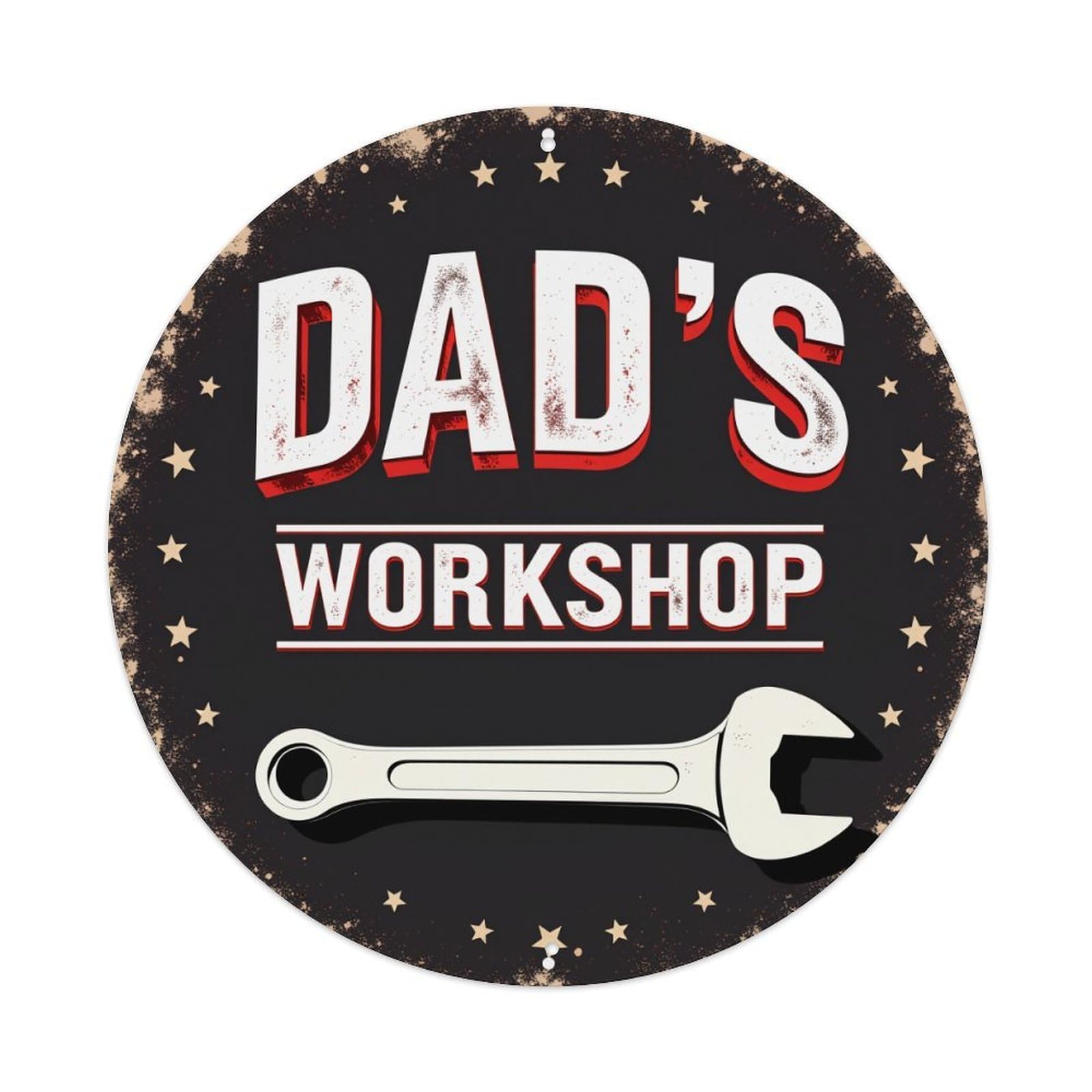 Dad's Workshop Sign With Wrench Round Tin Sign Vintage Metal Poster, Home Bar Garage Man Cave Cafe Indoor & Outdoor Wall Decoration 8x8Inches