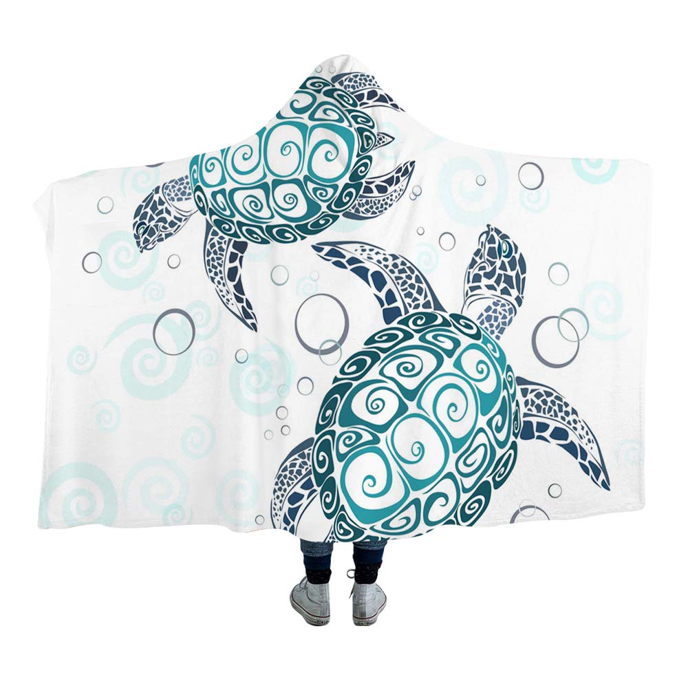 Sleepwish Turtle Hooded Blanket Royal Aqua Blue Sea Turtles Blanket Ocean Tortoise Sherpa Fleece Blanket (Kids 50