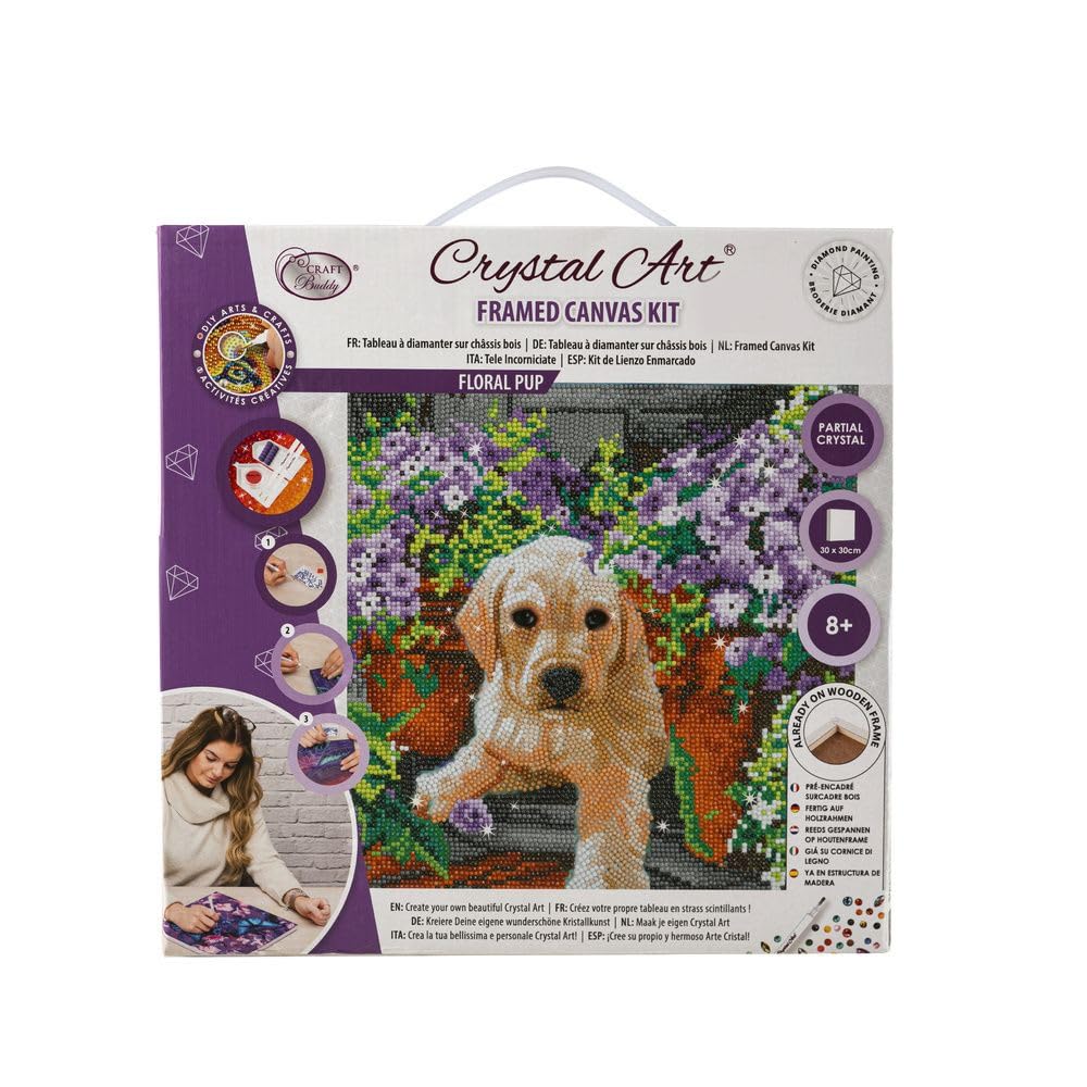 Crystal Art Medium Framed Kit (11.8in x 11.8in) - Floral Pup - Diamond Painting Kit for Ages 8 and Up