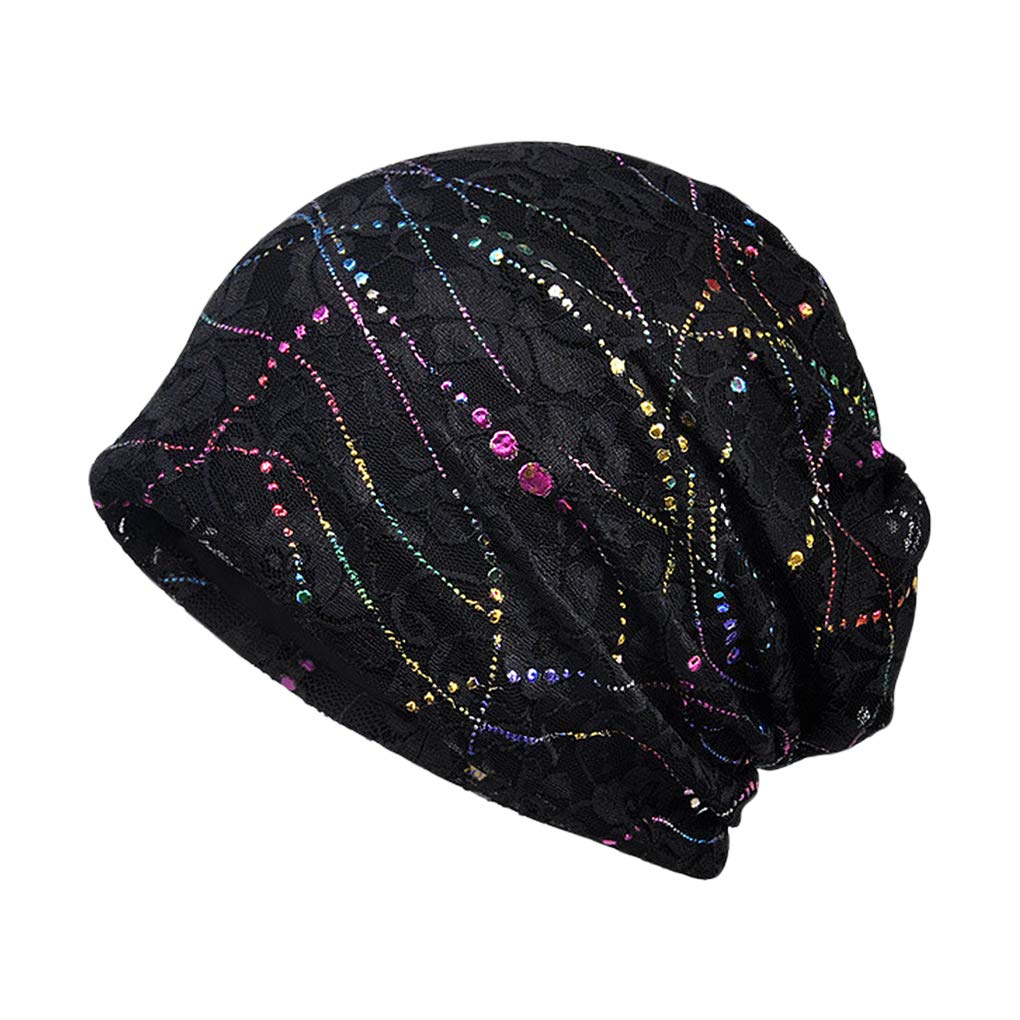 TINAYAUE Lace Slouchy Beanies for Women Soft Cotton Turban Hat Breathable Chemo Hat Night Sleep Cap Stylish Headwear Skull Cap Black