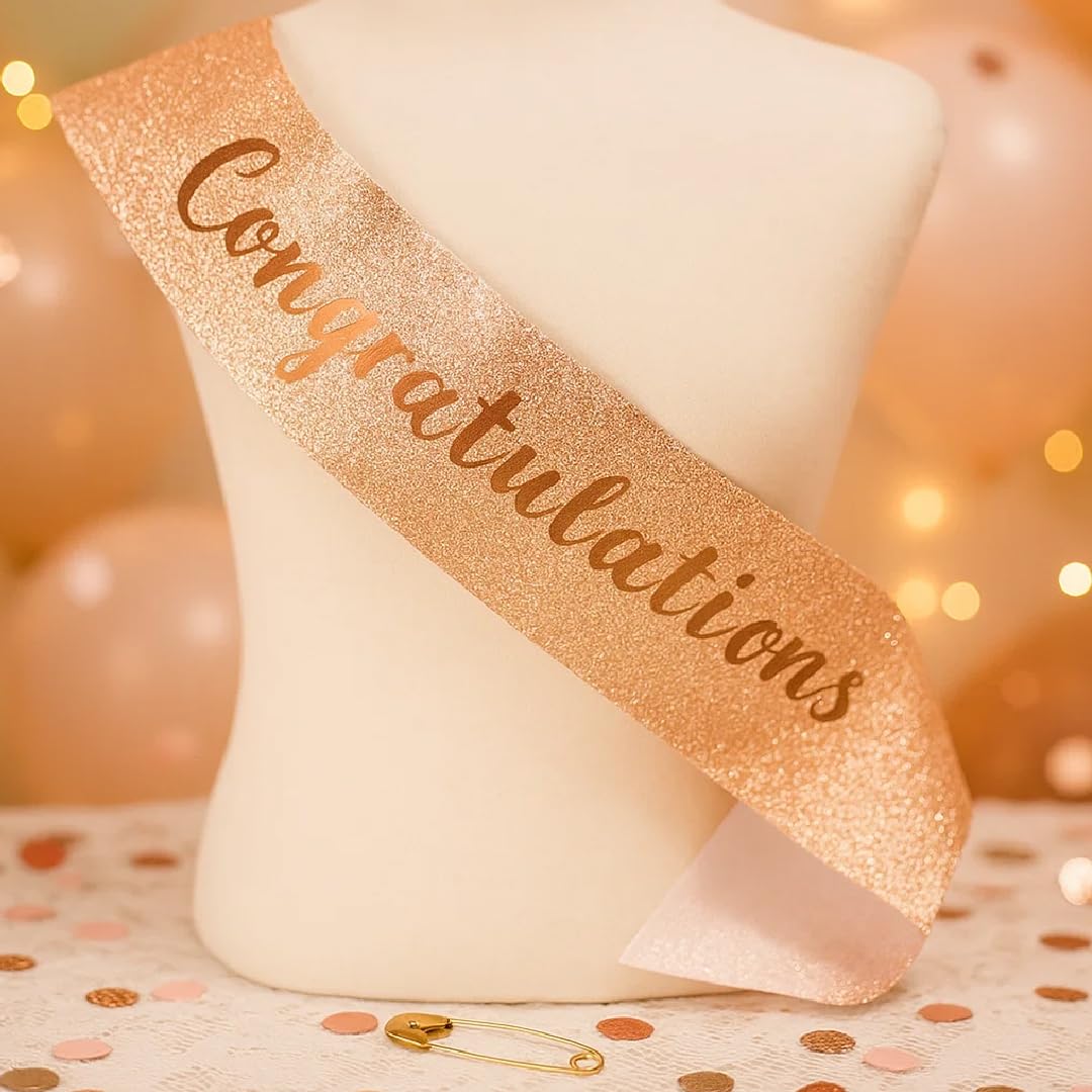 Wanna Party Congratulations Sash for Girl Women,Rose Gold Glitter Satin Sash with Rose Gold Foil Glitter Sash,Birthday,Wedding, Retirement,Graduation,Baby Shower Party 4