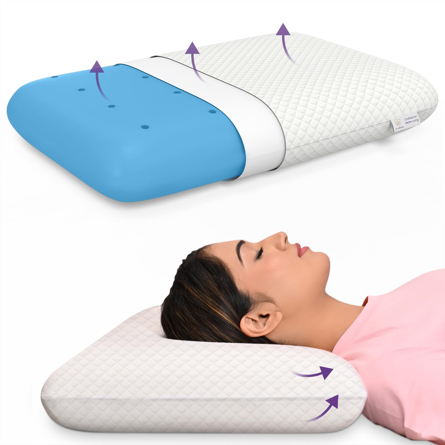 MY ARMOR Cervical Pillow for Neck Pain | 2 Years Warranty | Orthopedic Memory Foam Pillow for Sleeping, Regular Size - 18.5x11x3.5 Inch, White Bamboo - Pack of 1