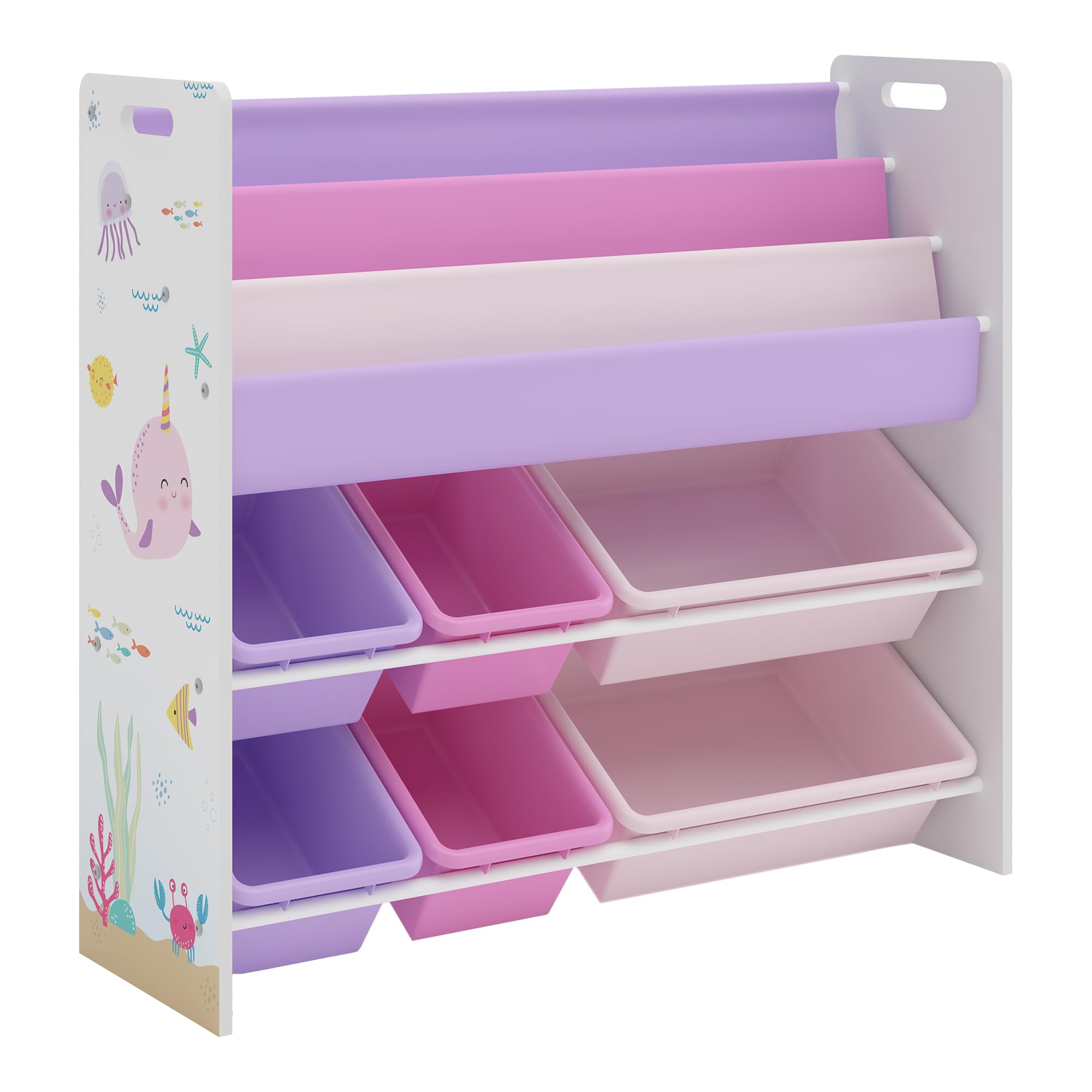 [en.casa] Scaffale per Cameretta con Contenitori Morbidi a Scaletta per Libri e Vaschette Porta Giochi Mobile a Misura di Bimbi 78x86x27 cm Decorazione Oceano