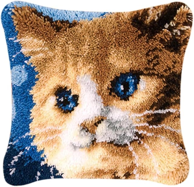 Coopay Latch Hook Complete Cushion Cover Kit, Pillowcase Making Kits Rug Cushions Crochet Kits for Kids Adults Beginners, Home Decor, 43cm × 43cm, Cat
