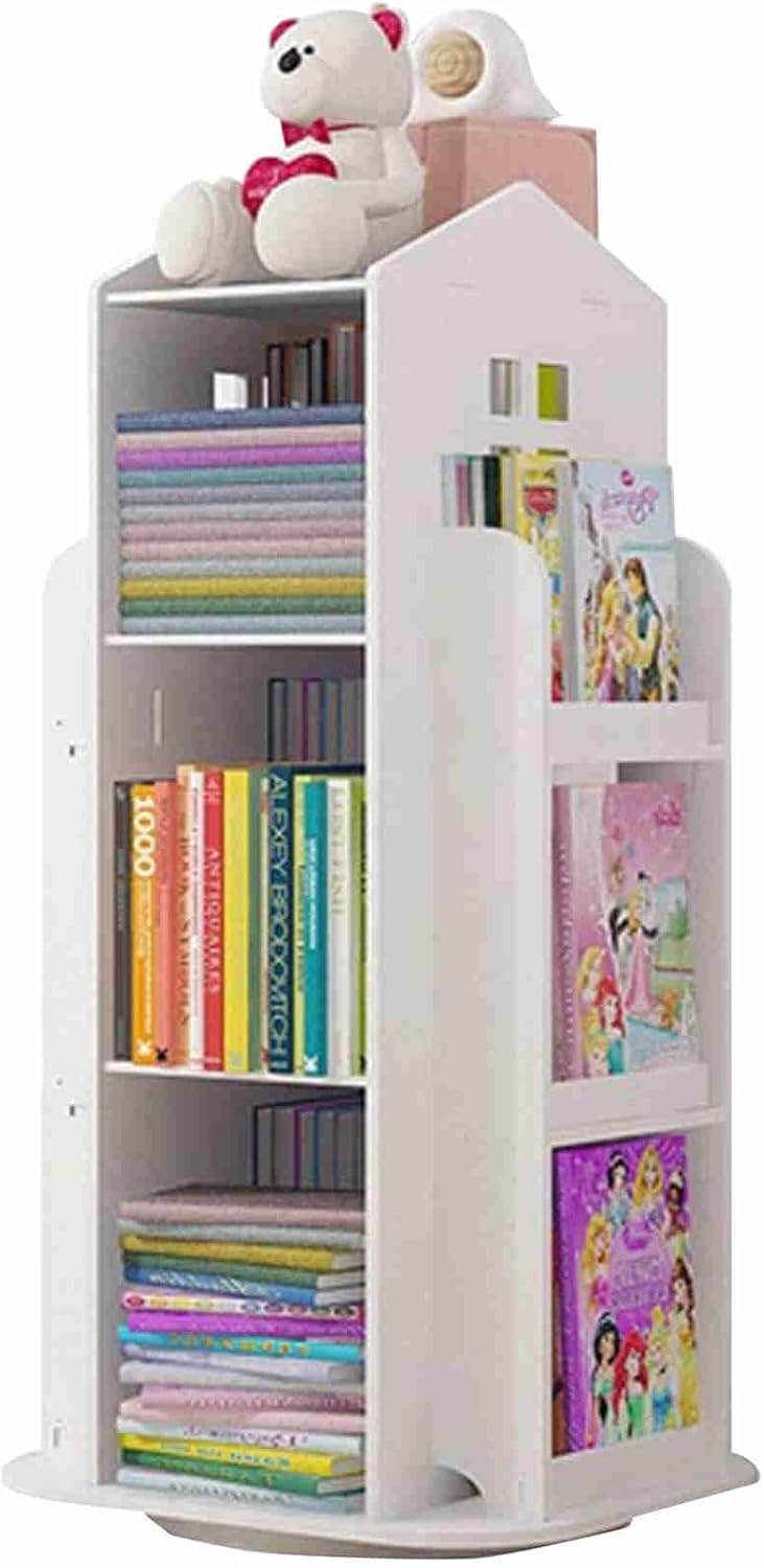 Kids Bookshelf 360° Castle White Rotating Bookshelf Toy Storage Organizer Rack Revolving Corner Bookshelf for Kids Toddler Children Home Office Furniture Bookcase