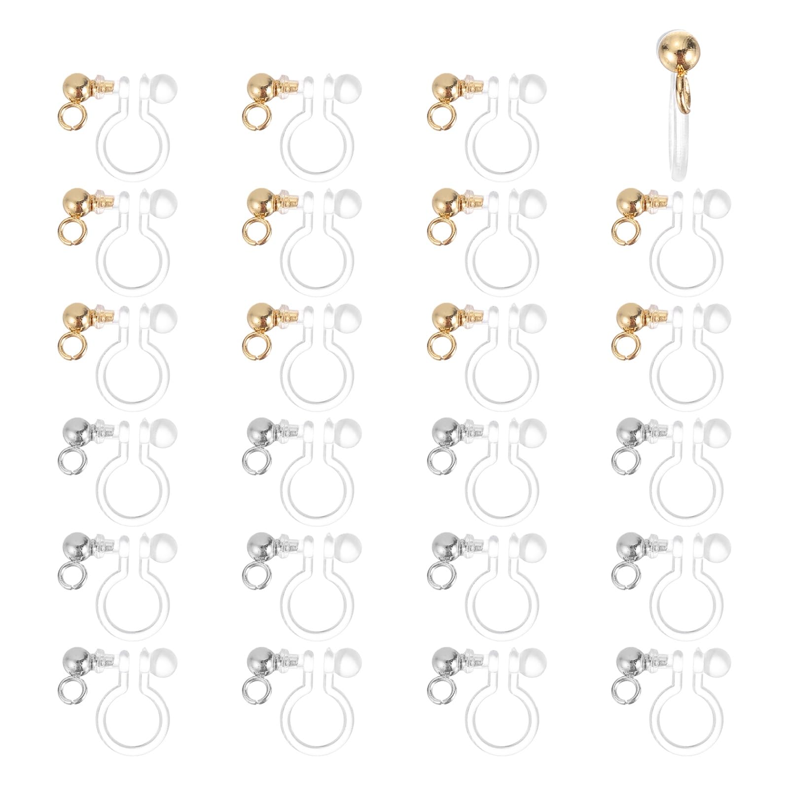 sourcing map Clip-on Earring Converters, U Type Clear Resin Earring Findings Components with Stainless Steel Findings Loop for Non-Pierced Ears DIY Jewelry Making (Gold/Silver Tone, Pack of 24)