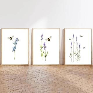 Lavender and Bumble Bee Watercolor Art Painting Prints Purple Flowers Plant Canvas Posters Wall Pictures Living Room Home Decor 8x12inchx3pcs unframed
