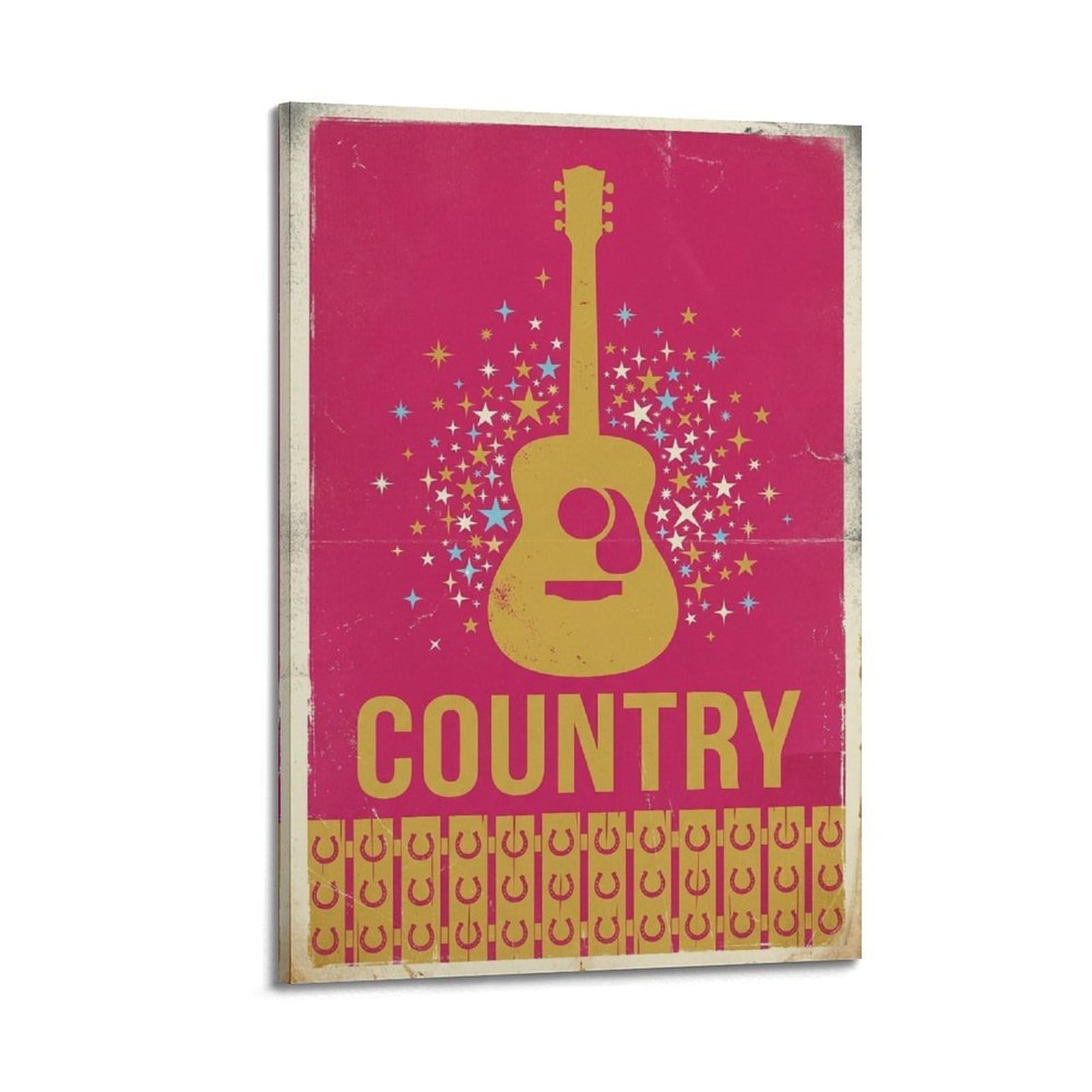 OKNGB Poster decorativo da parete in stile vintage, con musica country e chitarra acustica e stelle, stampa artistica su tela, poster decorativo per camera da letto, 40 x 60 cm