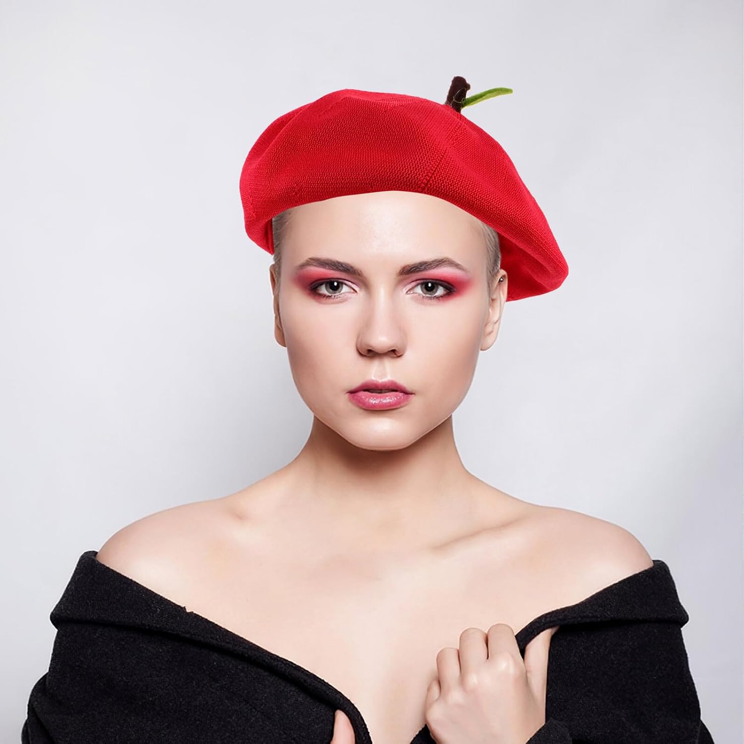 Ciieeo Red Fruit Beret with Leaf Accent, French Artist Beret Hat for Women, Warm Red Beanie Cap Suitable for Fall and Cosplay