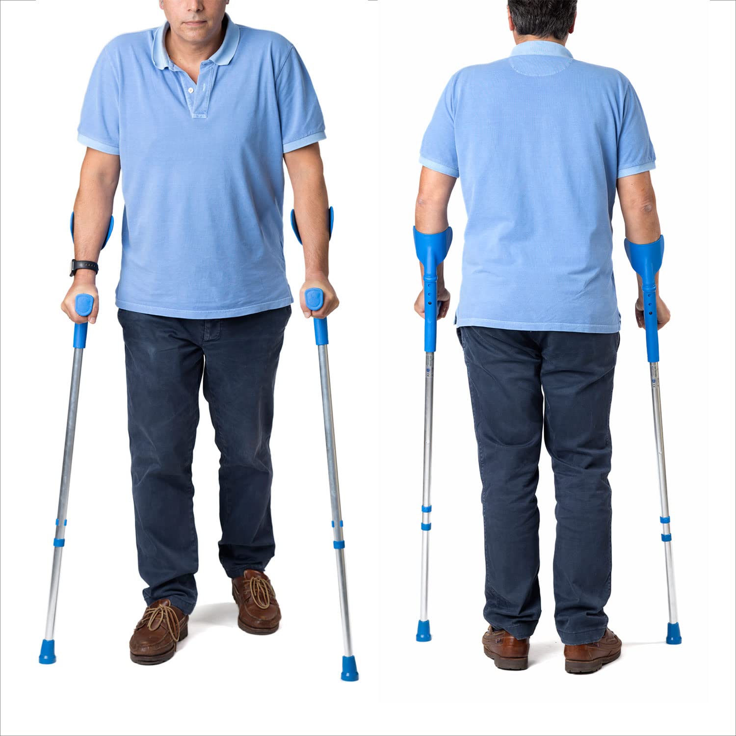 Muletas Adulto Regulables Aluminio (2 uds, Azul) – Ajuste Rápido con Clip, Contera Antideslizante, Empuñadura Anatómica, Soporta 125 kg, Fabricado en España