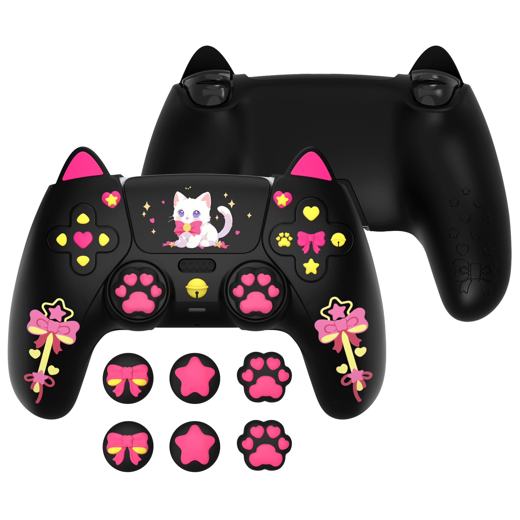 PlayVital Sweetheart Kitty Silicone Cover for ps5 Controller with 6 Joystick Caps and 6 Sticker Soft Anti-Slip Full