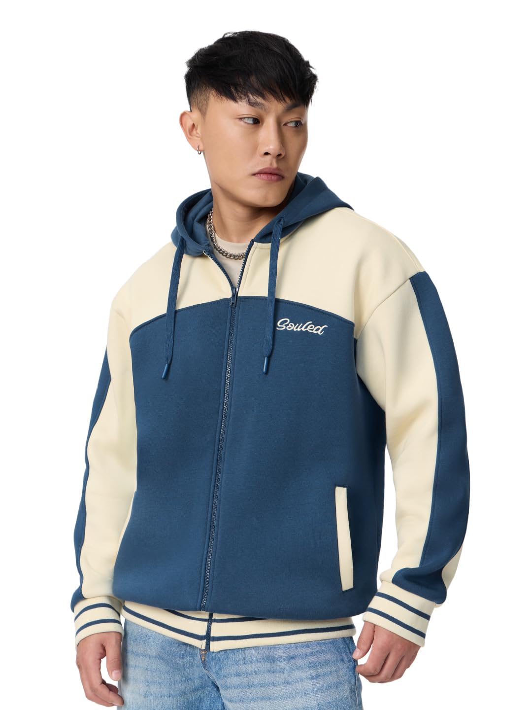 The Souled Store Iris Colourblock Men and Boys Full Sleeves Hooded Neck Blue and Cream Colour-Block Embroidered Cotton Blend Oversized Fit Zipper Hoodie-picture-31
