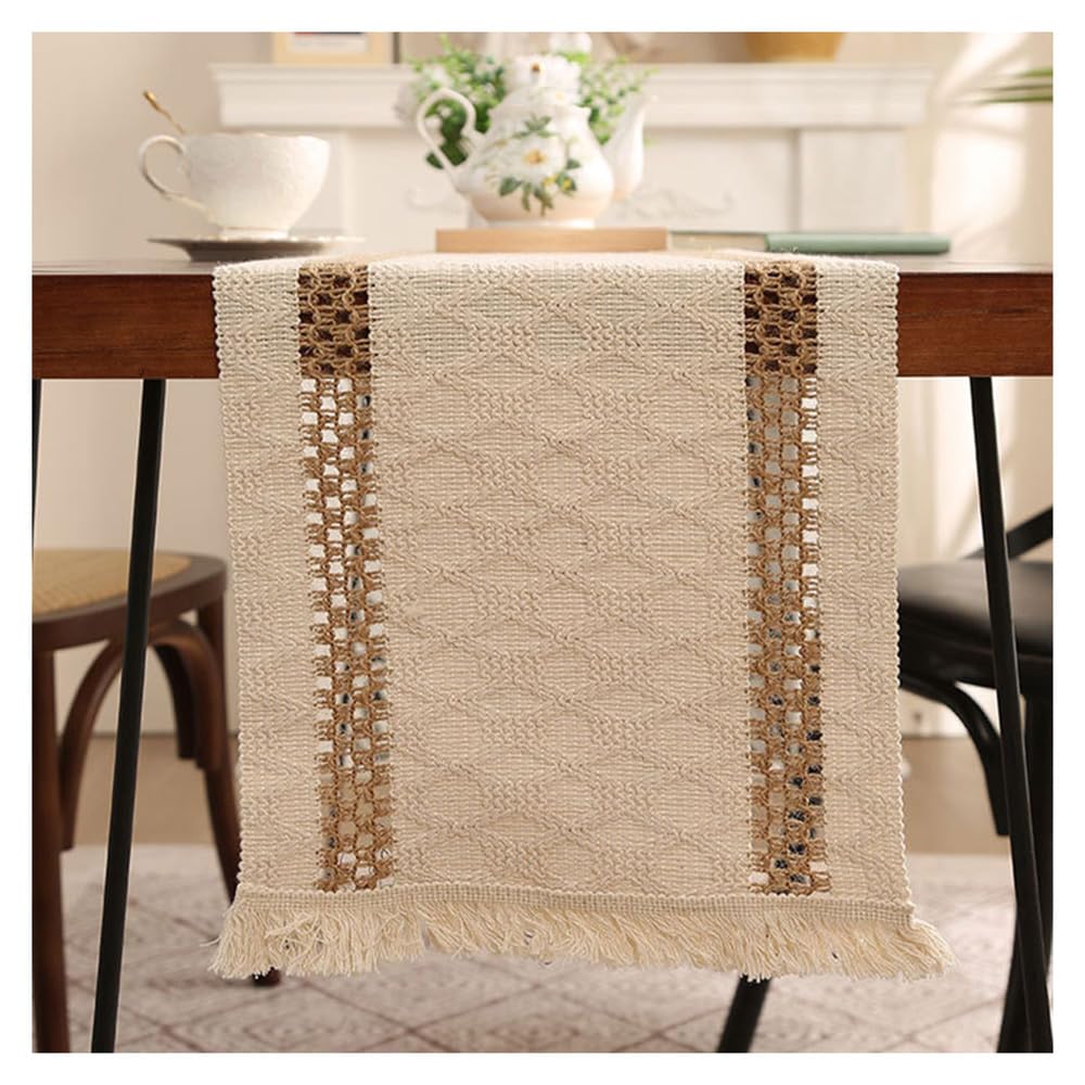 Chemin de table Boho 30 x 350 cm - En coton et lin - Avec pompons - Rustique creux - En macramé - Dentelle au crochet - Décoration de table de mariage - Pour cuisine, salle à manger