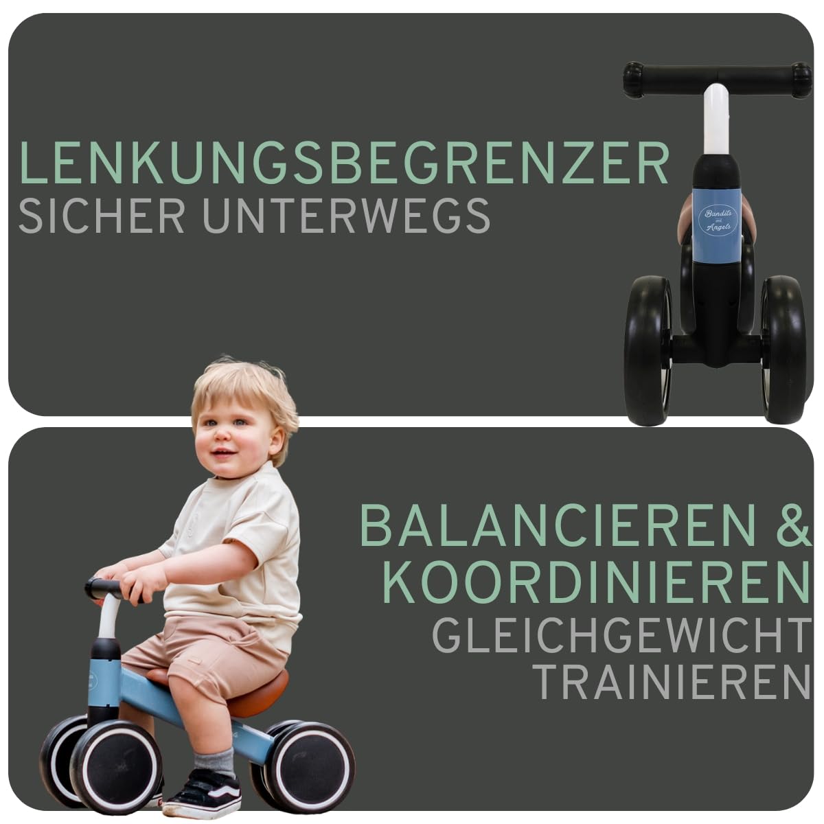 Bandits & Angels Laufrad Little Starter für 1 Jahr - Lauflernrad - Vierrad - Pannenfreie Reifen - Metall - Geburtsdag Geschenk - CE
