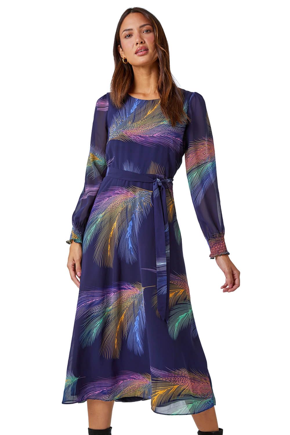 Roman Women's Purple Feather Print Belted Midi Dress In Size 12