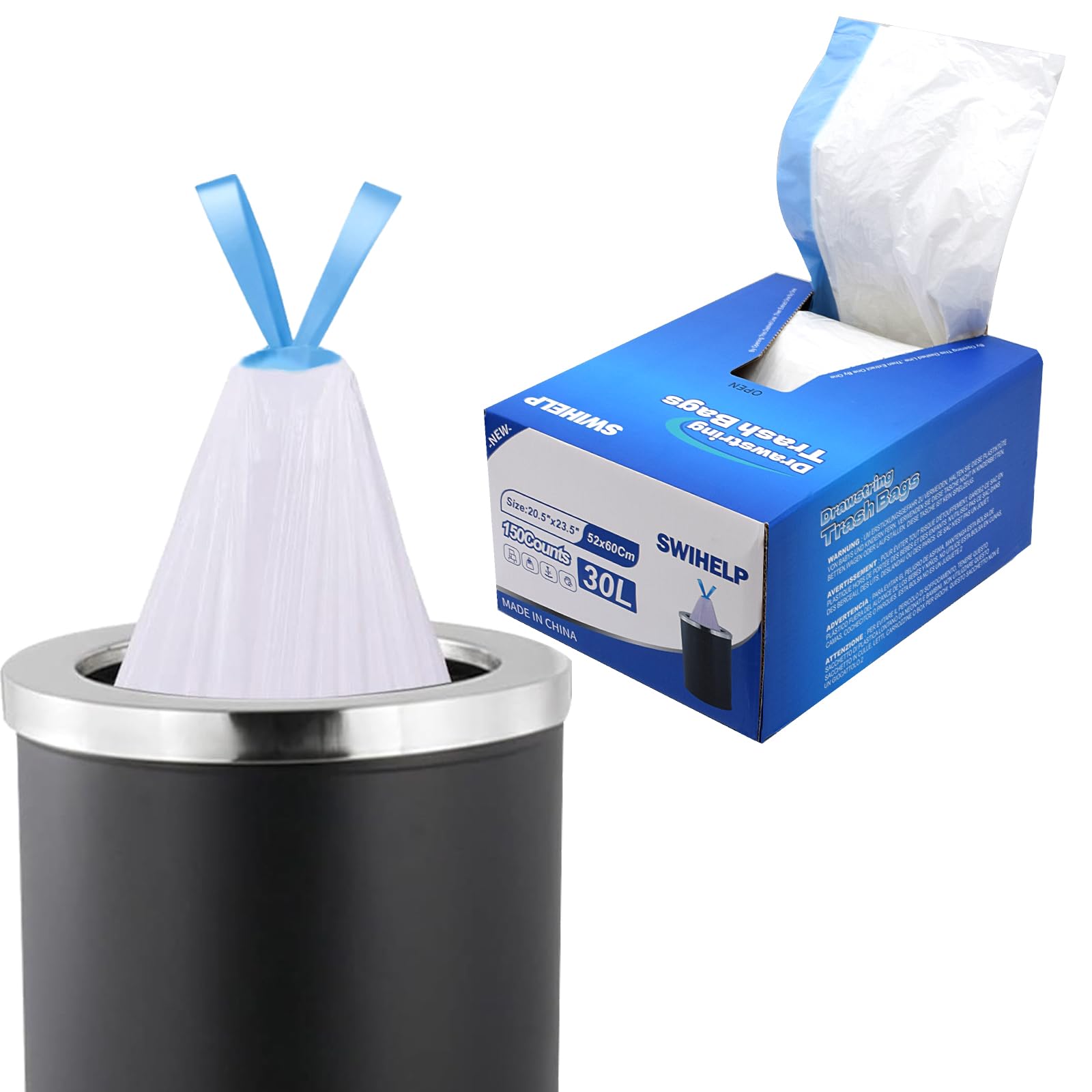 Swihelp White 25-30L ,150 Counts Drawstring Bin Bags,25-30L Medium Garbage Bags 150 Counts For Office, Kitchen, Waste Bin Liner, Rubbish Bags,Wastebasket Bags 52X60cm