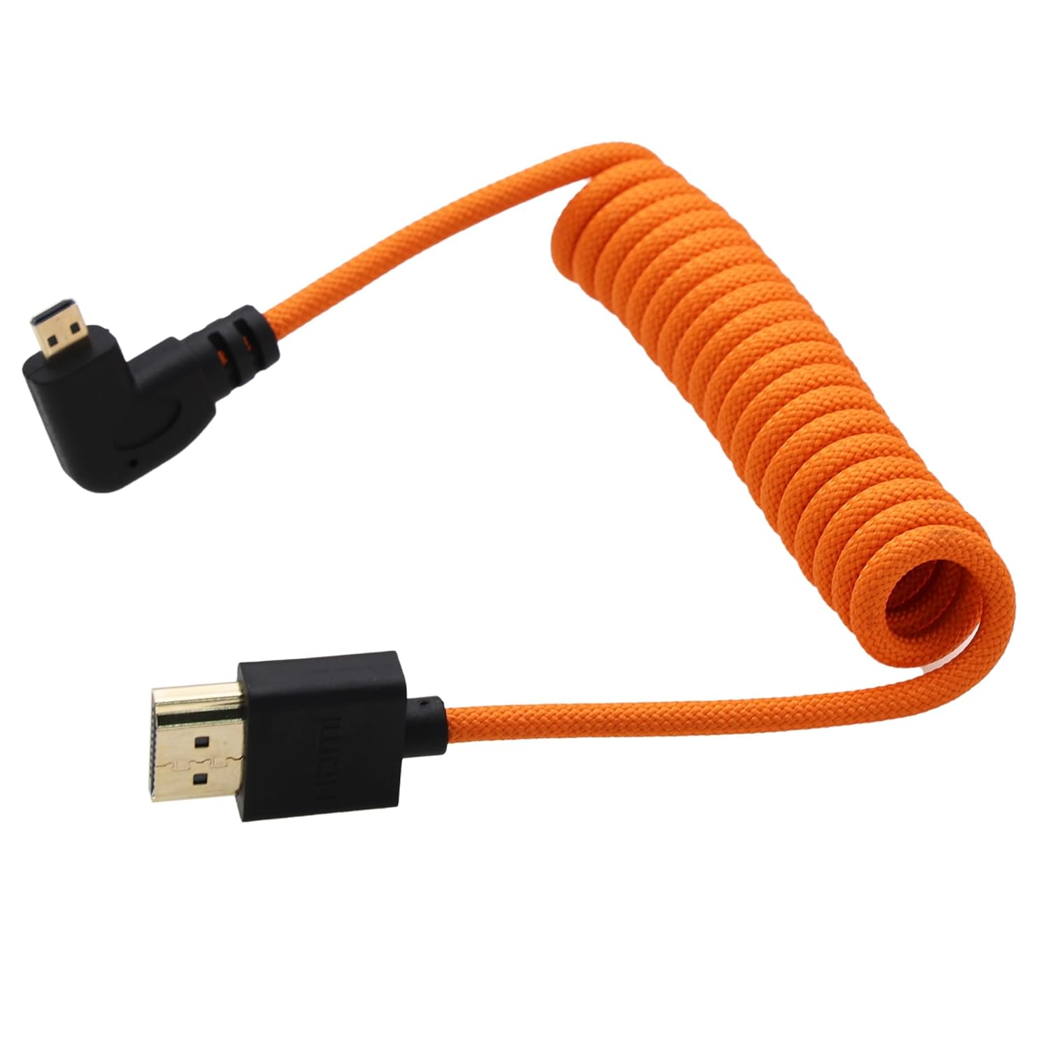 Left Angle Micro HDMI to HDMI 8K 4K 60p Coiled Cable for Ninja V Monitor, Sony A7C R, Canon R6 mkII, XT30II, Lumix S9 Camera, Type A to Type D, Black Braided