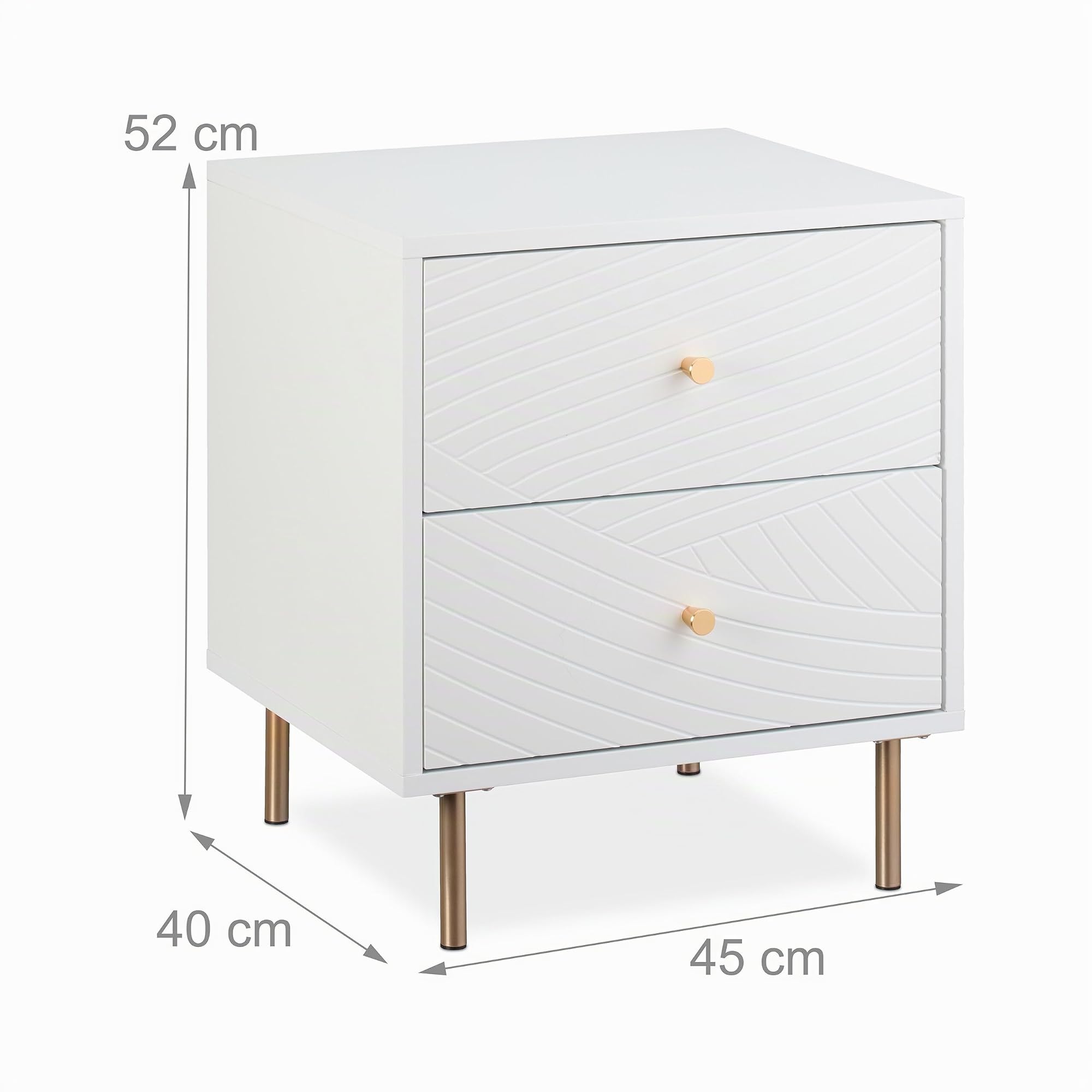 Relaxdays 2 Mesitas de Noche con 2 Cajones, Mesilla Dormitorio, Mesas Auxiliares de Cama, 52 x 45 x 40 cm, Blanco/Dorado