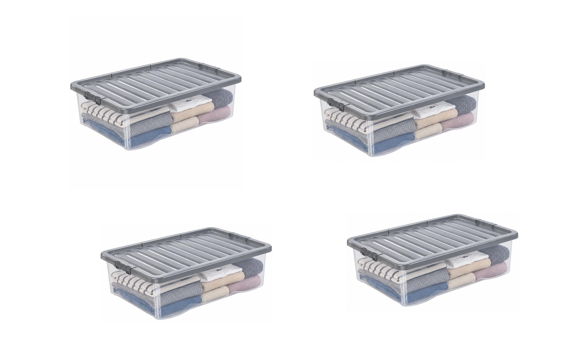 ELMORA'Z Under Bed Storage Box 32L Transparent Plastic Storage Container with Grey Lid Stackable Underbed Storage for Clothes Bedding & Home Space Saving Container (4, 32 Litre Grey Lid)
